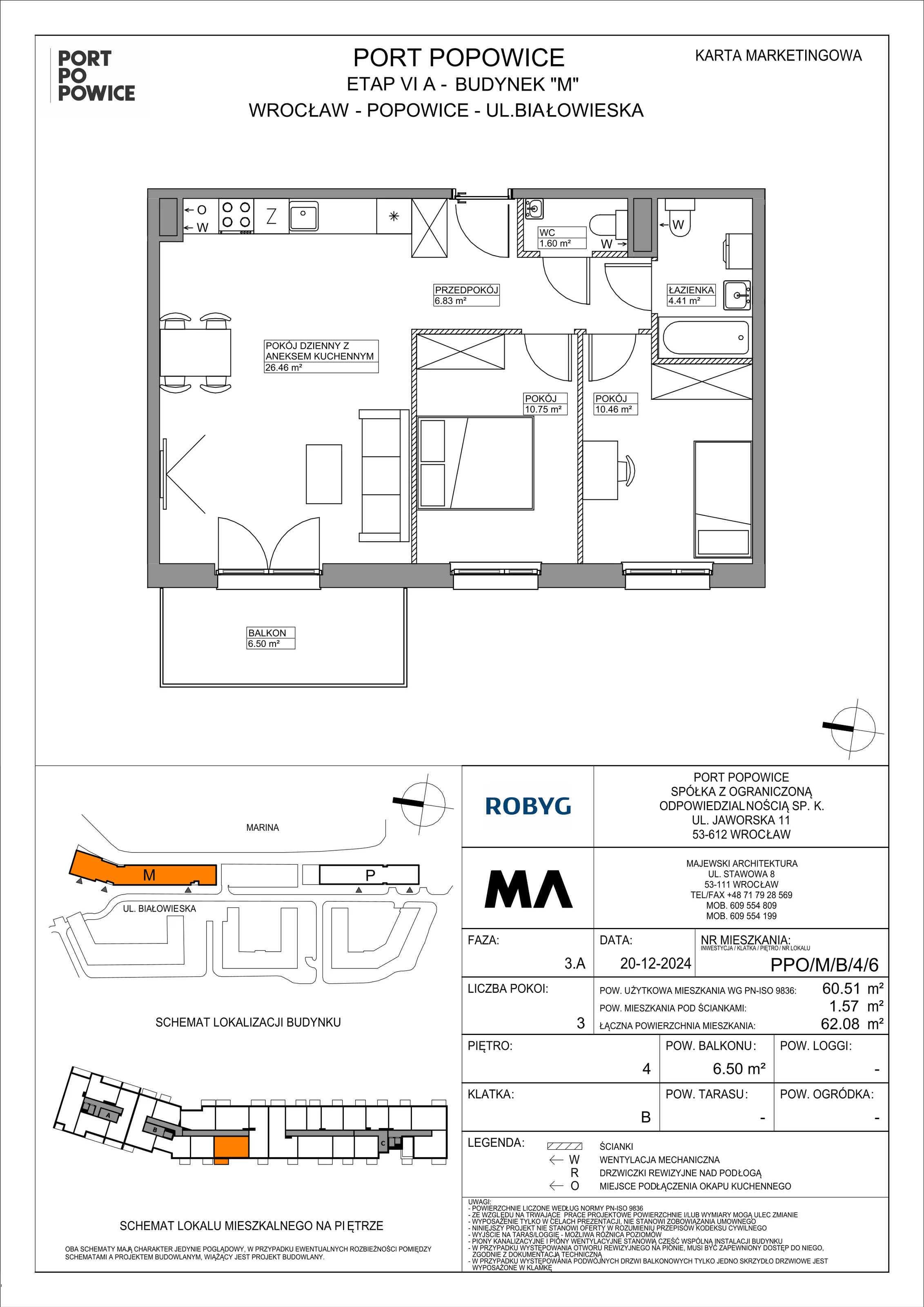 3 pokoje, mieszkanie 60,51 m², piętro 4, oferta nr PPO/M/B/4/6, Port Popowice IVa, Wrocław, Pilczyce-Kozanów-Popowice Północne, Popowice, ul. Białowieska