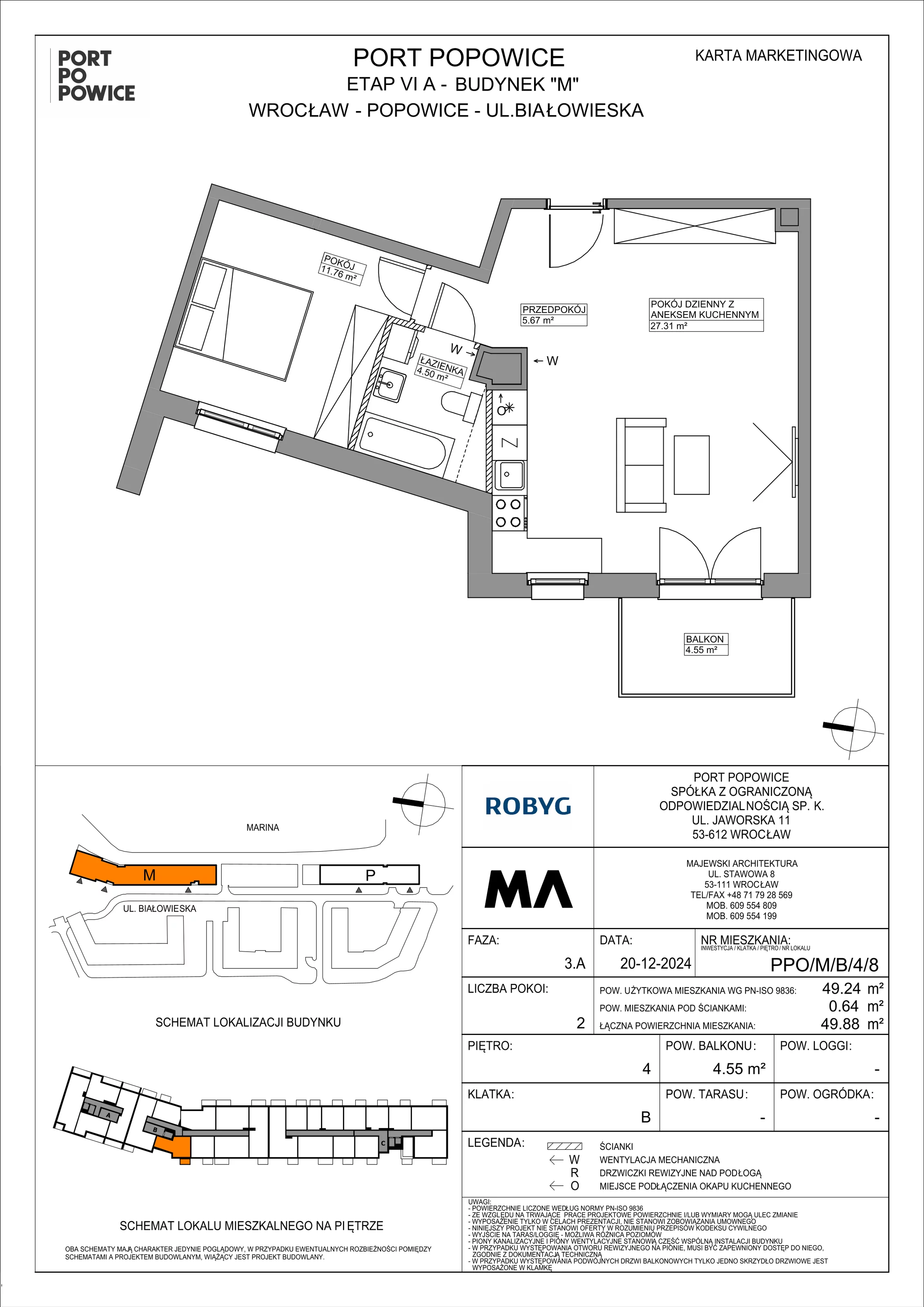 2 pokoje, mieszkanie 49,24 m², piętro 4, oferta nr PPO/M/B/4/8, Port Popowice IVa, Wrocław, Pilczyce-Kozanów-Popowice Północne, Popowice, ul. Białowieska