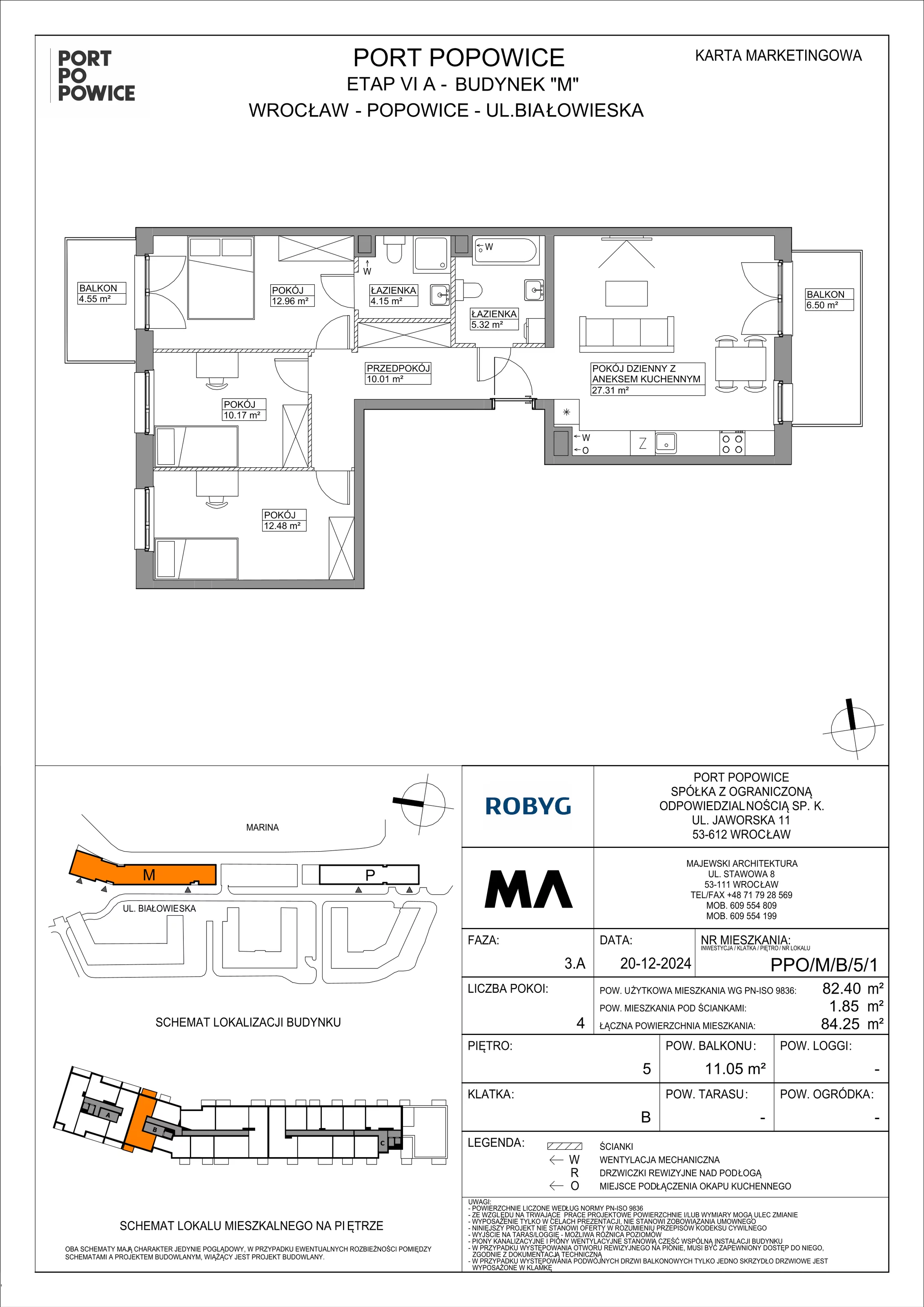 4 pokoje, mieszkanie 82,40 m², piętro 5, oferta nr PPO/M/B/5/1, Port Popowice IVa, Wrocław, Pilczyce-Kozanów-Popowice Północne, Popowice, ul. Białowieska