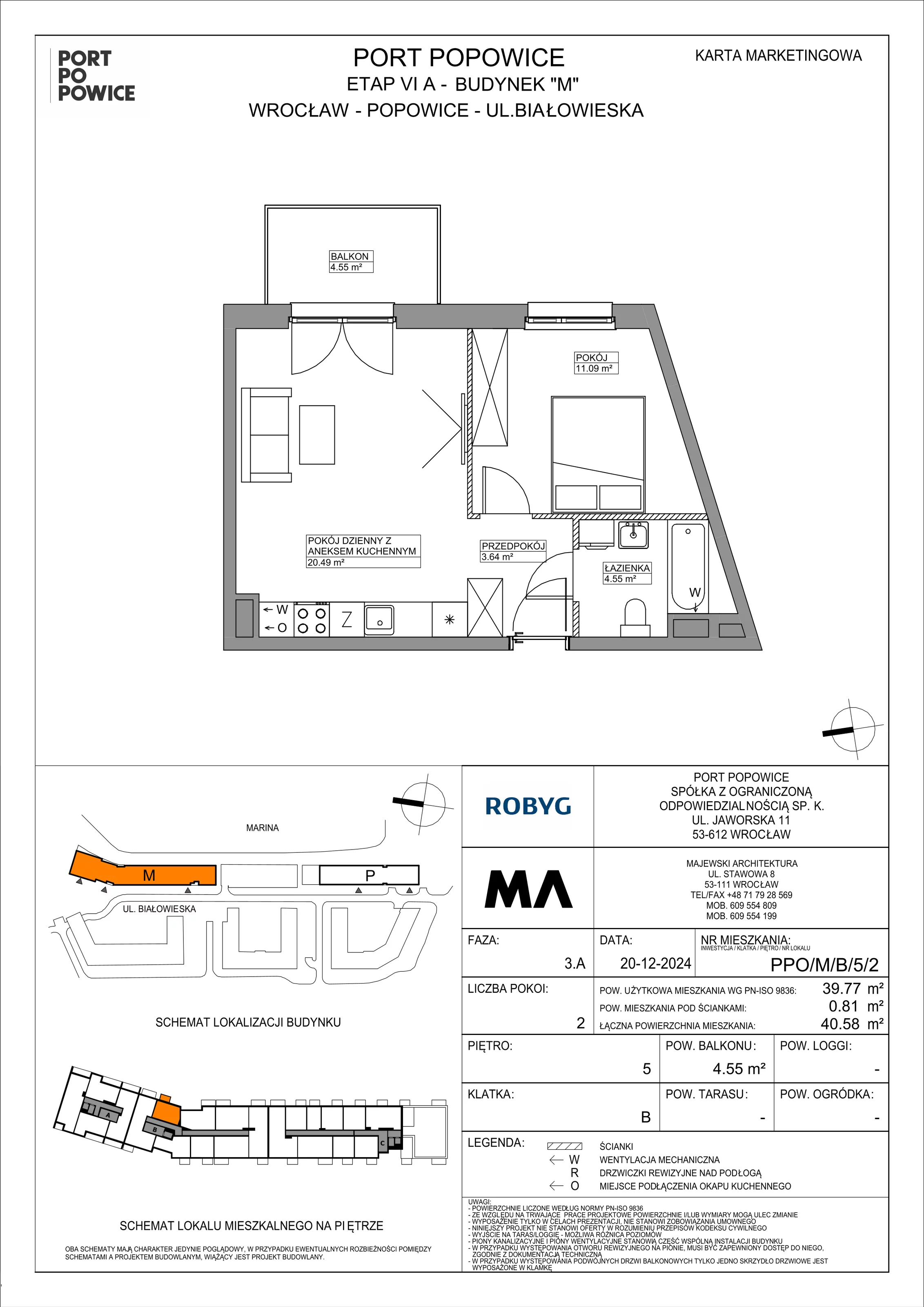 2 pokoje, mieszkanie 39,77 m², piętro 5, oferta nr PPO/M/B/5/2, Port Popowice IVa, Wrocław, Pilczyce-Kozanów-Popowice Północne, Popowice, ul. Białowieska