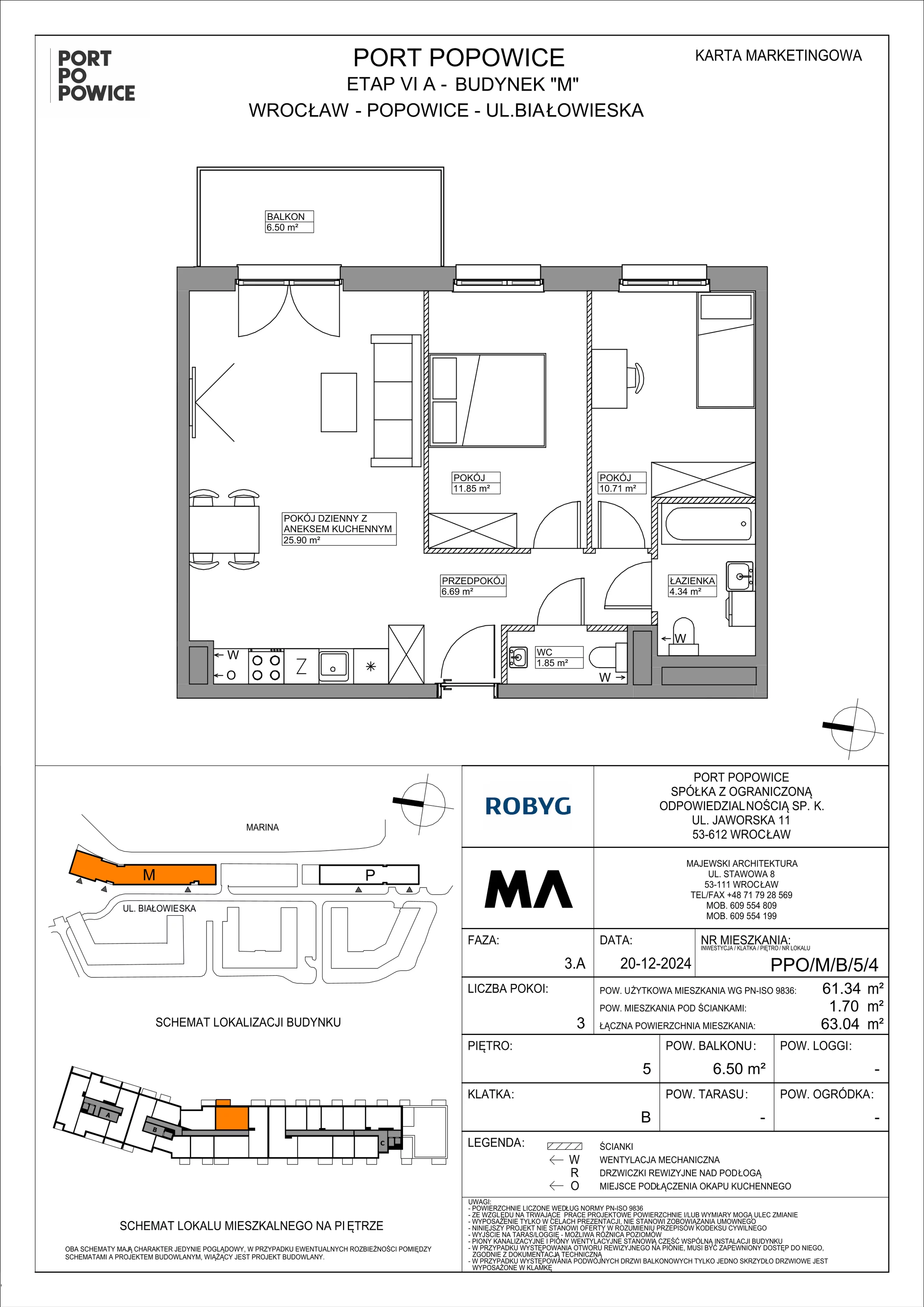 3 pokoje, mieszkanie 61,34 m², piętro 5, oferta nr PPO/M/B/5/4, Port Popowice IVa, Wrocław, Pilczyce-Kozanów-Popowice Północne, Popowice, ul. Białowieska