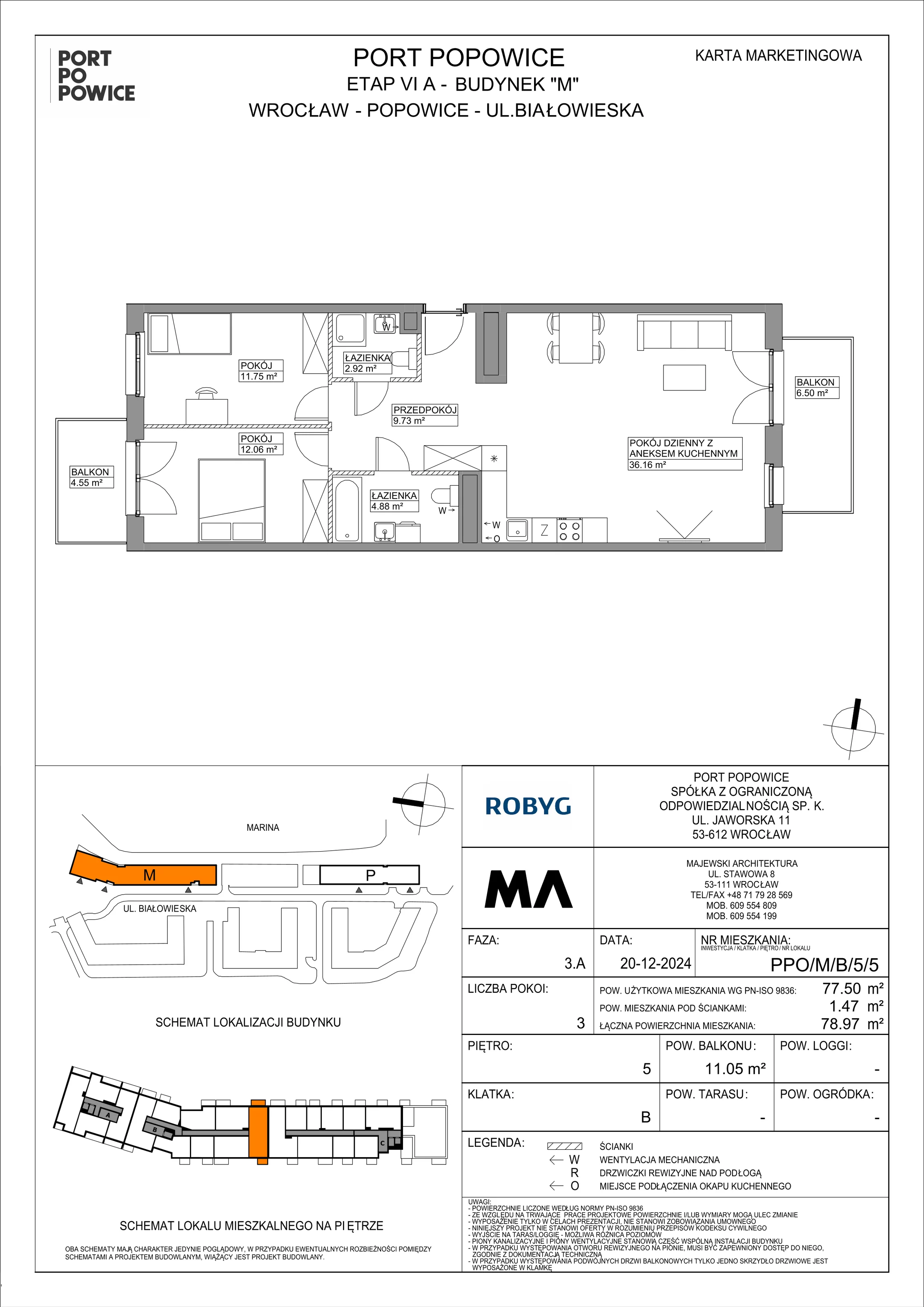 3 pokoje, mieszkanie 77,50 m², piętro 5, oferta nr PPO/M/B/5/5, Port Popowice IVa, Wrocław, Pilczyce-Kozanów-Popowice Północne, Popowice, ul. Białowieska