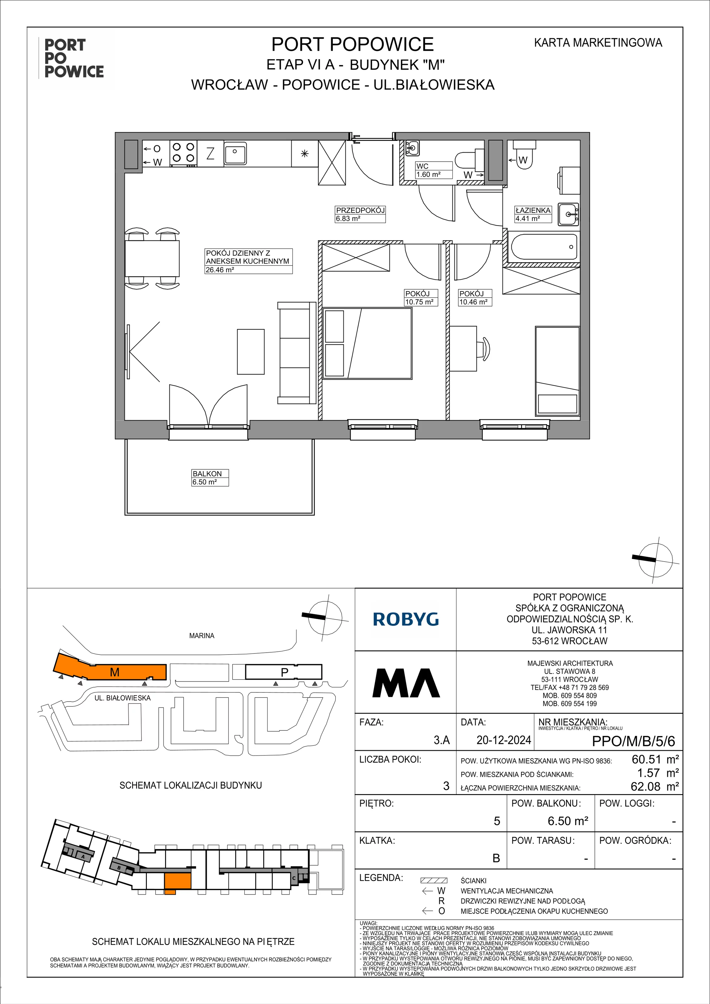 3 pokoje, mieszkanie 60,51 m², piętro 5, oferta nr PPO/M/B/5/6, Port Popowice IVa, Wrocław, Pilczyce-Kozanów-Popowice Północne, Popowice, ul. Białowieska