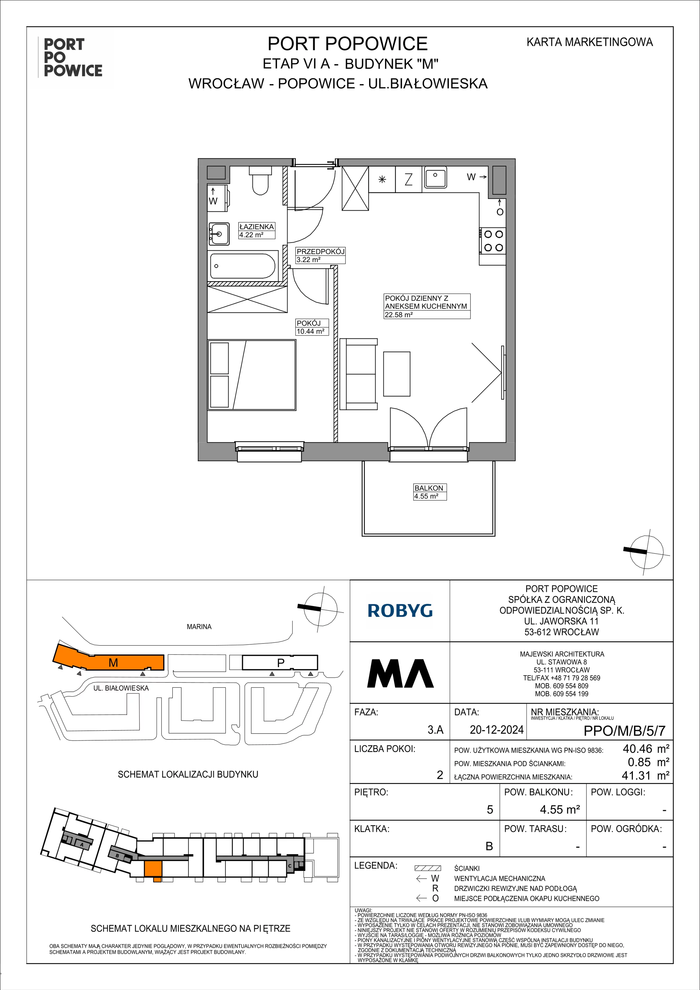 2 pokoje, mieszkanie 40,46 m², piętro 5, oferta nr PPO/M/B/5/7, Port Popowice IVa, Wrocław, Pilczyce-Kozanów-Popowice Północne, Popowice, ul. Białowieska