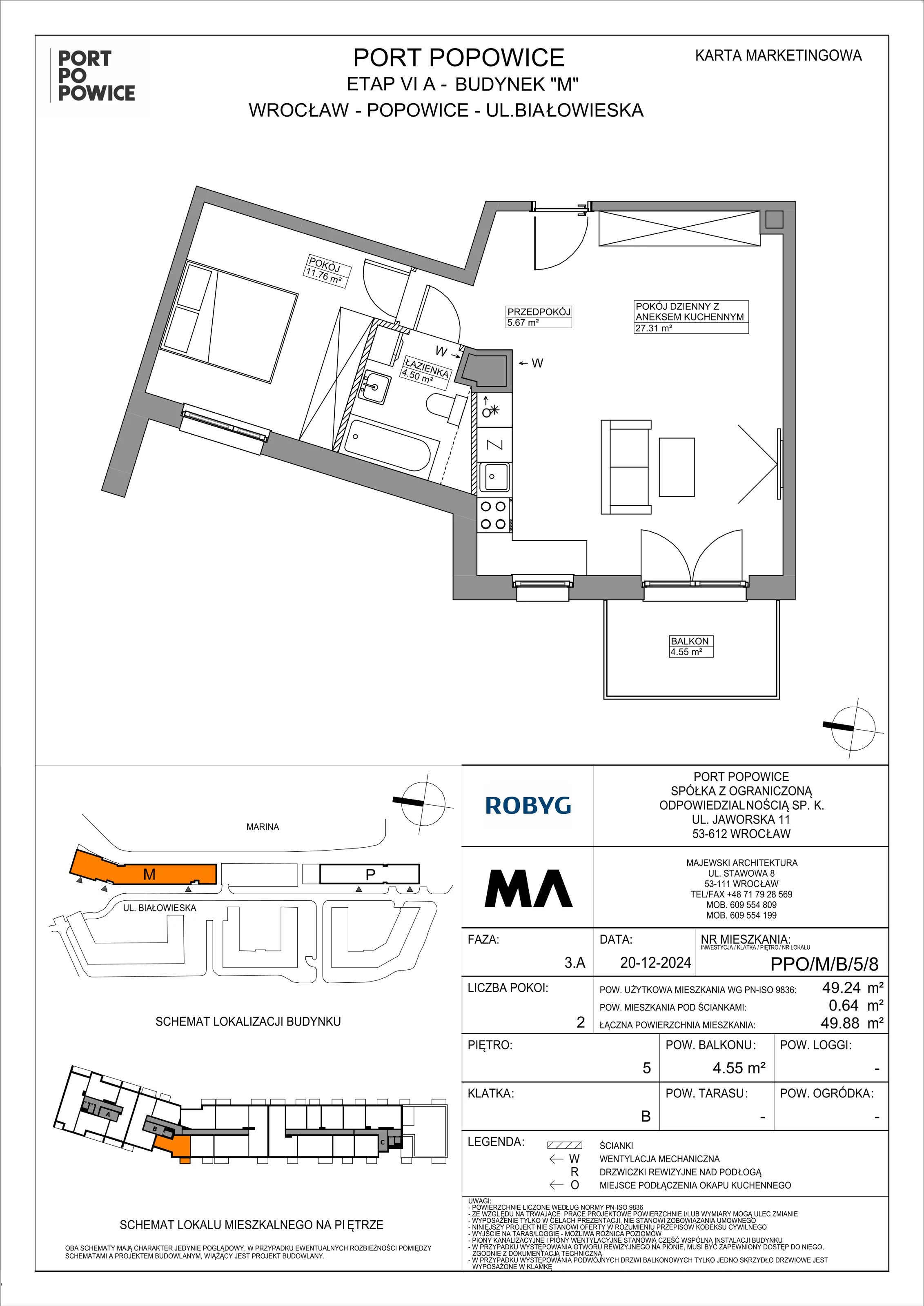 2 pokoje, mieszkanie 49,24 m², piętro 5, oferta nr PPO/M/B/5/8, Port Popowice IVa, Wrocław, Pilczyce-Kozanów-Popowice Północne, Popowice, ul. Białowieska