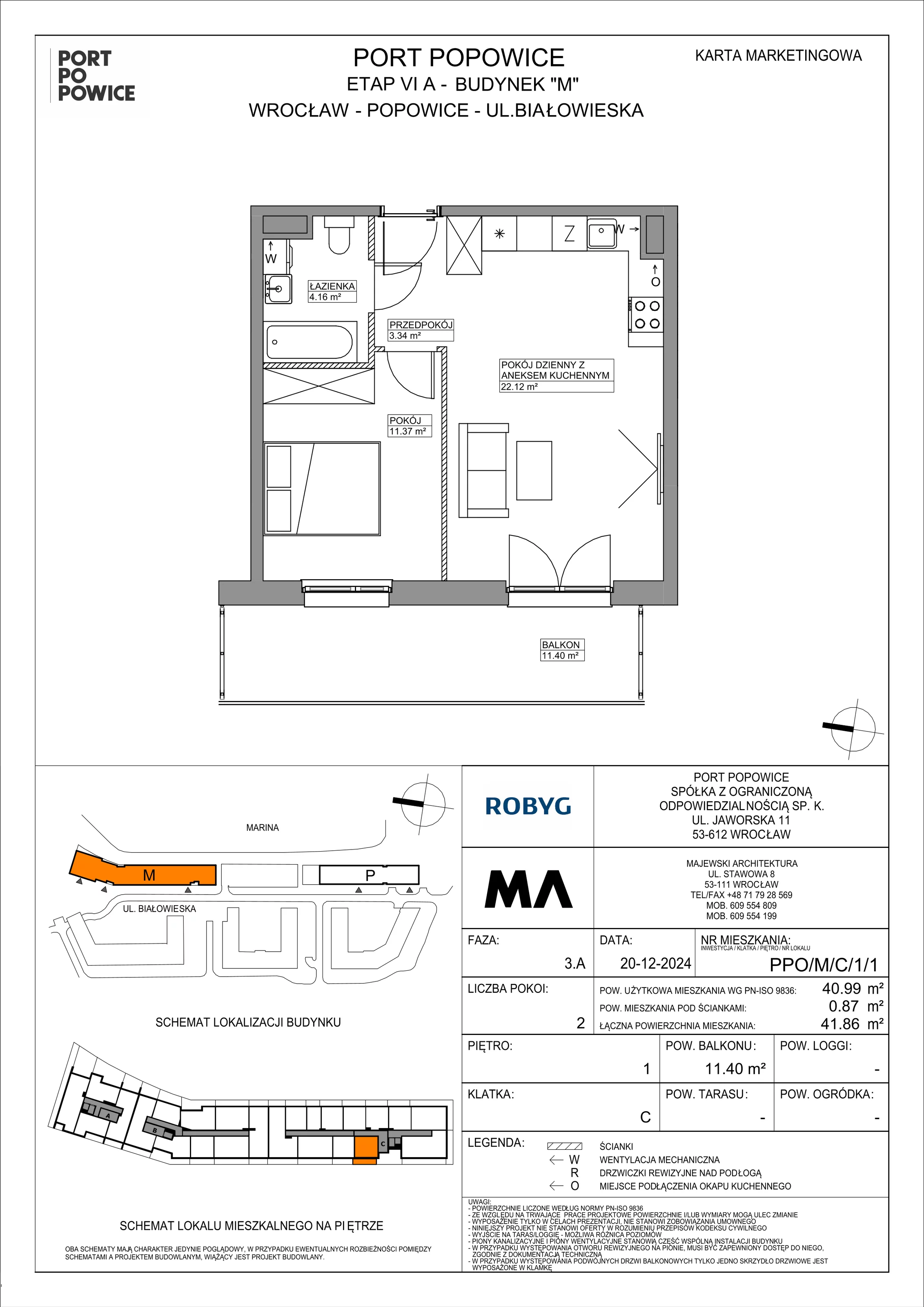 2 pokoje, mieszkanie 40,99 m², piętro 1, oferta nr PPO/M/C/1/1, Port Popowice IVa, Wrocław, Pilczyce-Kozanów-Popowice Północne, Popowice, ul. Białowieska