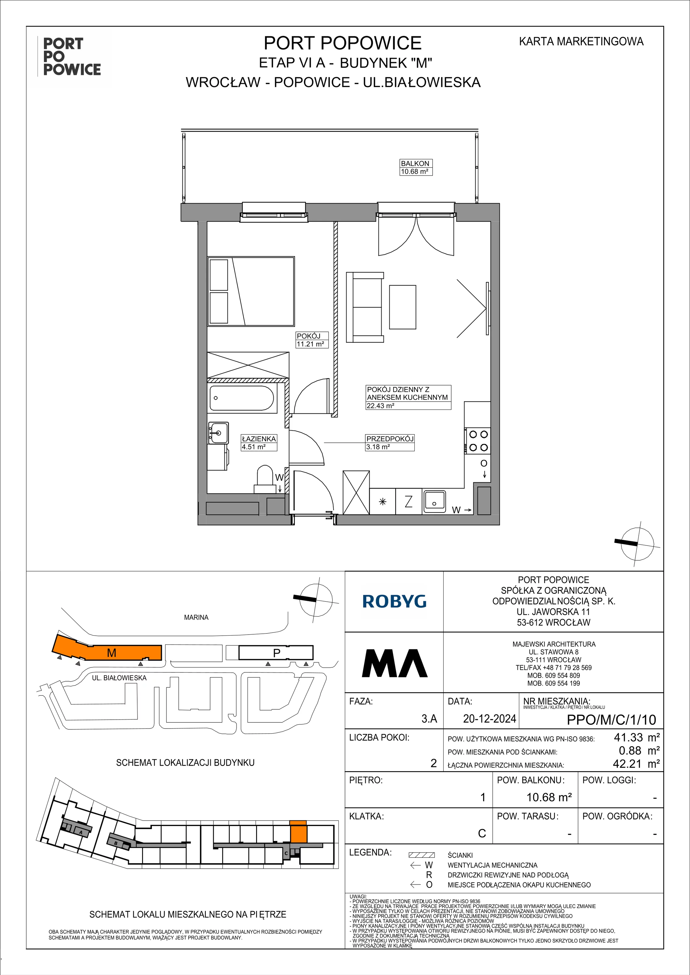 2 pokoje, mieszkanie 41,33 m², piętro 1, oferta nr PPO/M/C/1/10, Port Popowice IVa, Wrocław, Pilczyce-Kozanów-Popowice Północne, Popowice, ul. Białowieska