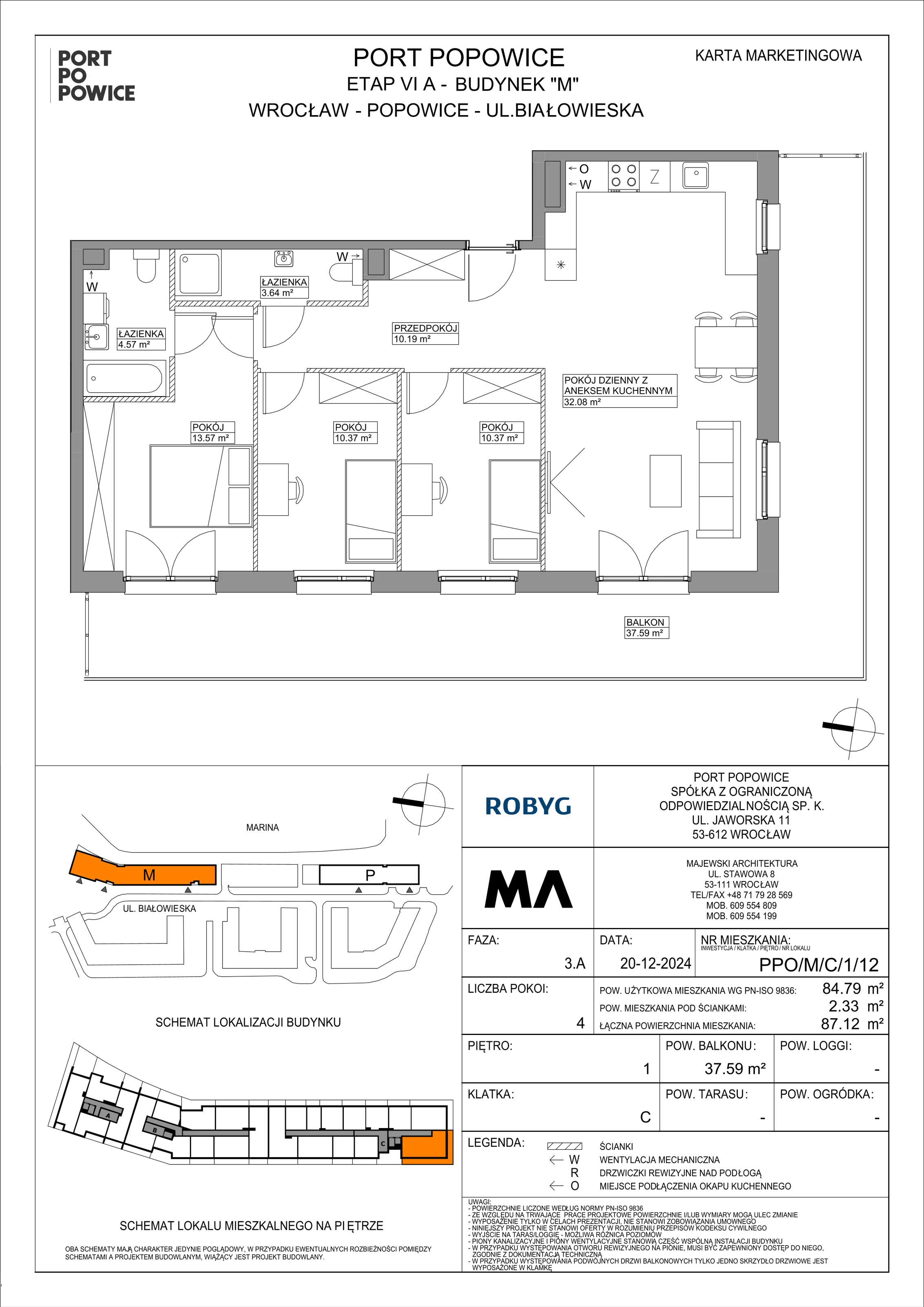 4 pokoje, mieszkanie 84,79 m², piętro 1, oferta nr PPO/M/C/1/12, Port Popowice IVa, Wrocław, Pilczyce-Kozanów-Popowice Północne, Popowice, ul. Białowieska