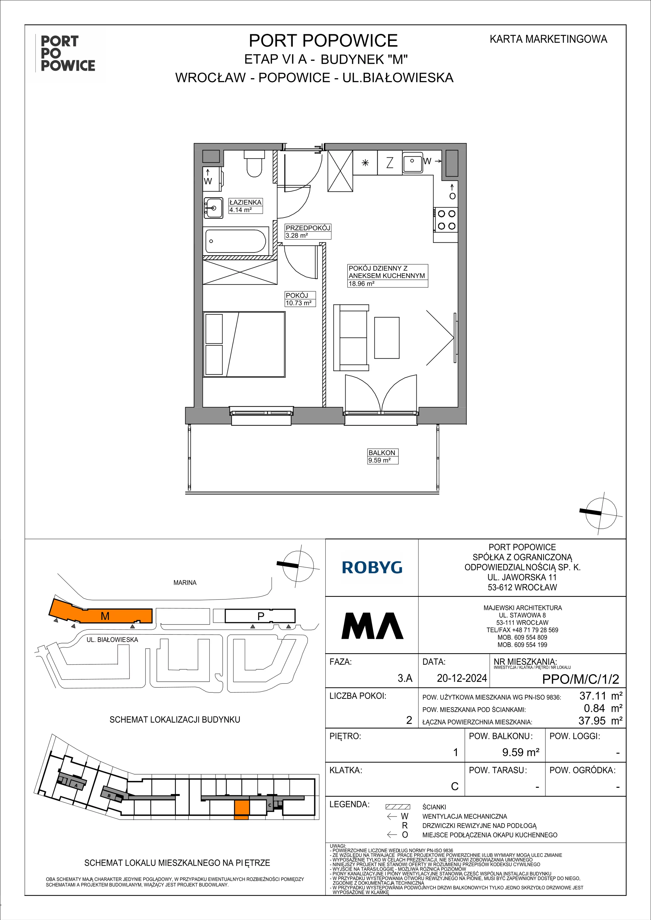 2 pokoje, mieszkanie 37,11 m², piętro 1, oferta nr PPO/M/C/1/2, Port Popowice IVa, Wrocław, Pilczyce-Kozanów-Popowice Północne, Popowice, ul. Białowieska