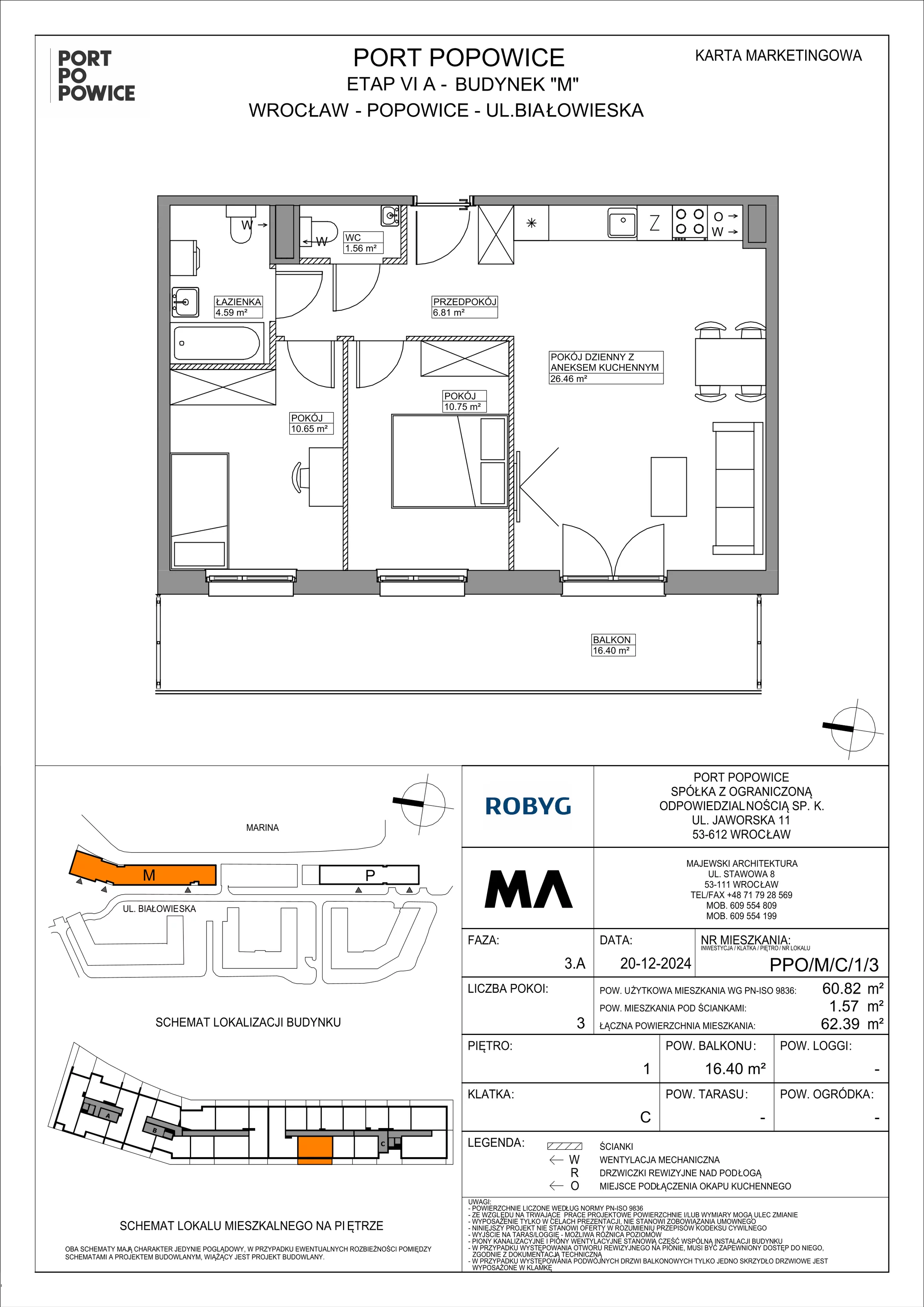 3 pokoje, mieszkanie 60,82 m², piętro 1, oferta nr PPO/M/C/1/3, Port Popowice IVa, Wrocław, Pilczyce-Kozanów-Popowice Północne, Popowice, ul. Białowieska