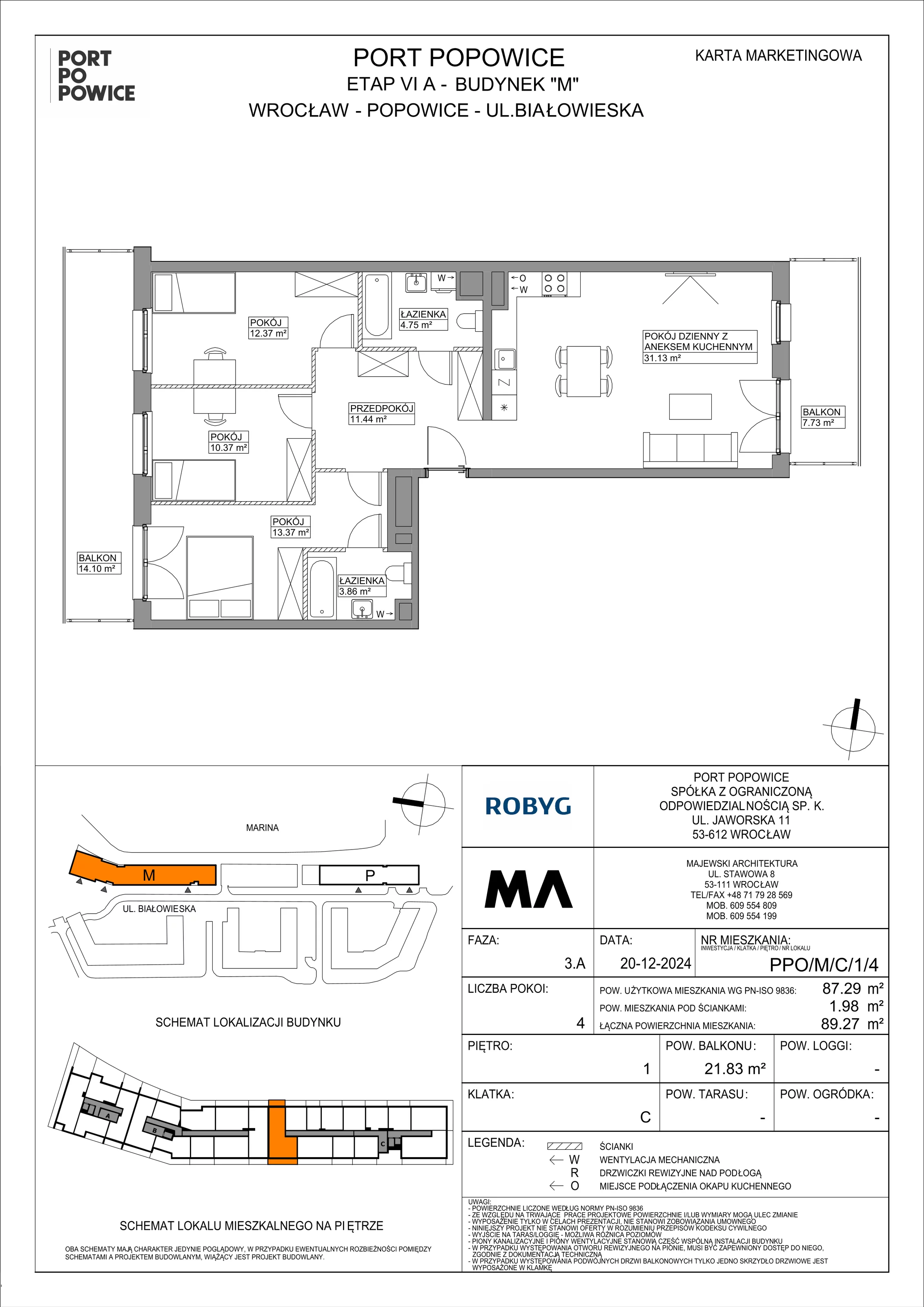 4 pokoje, mieszkanie 87,29 m², piętro 1, oferta nr PPO/M/C/1/4, Port Popowice IVa, Wrocław, Pilczyce-Kozanów-Popowice Północne, Popowice, ul. Białowieska