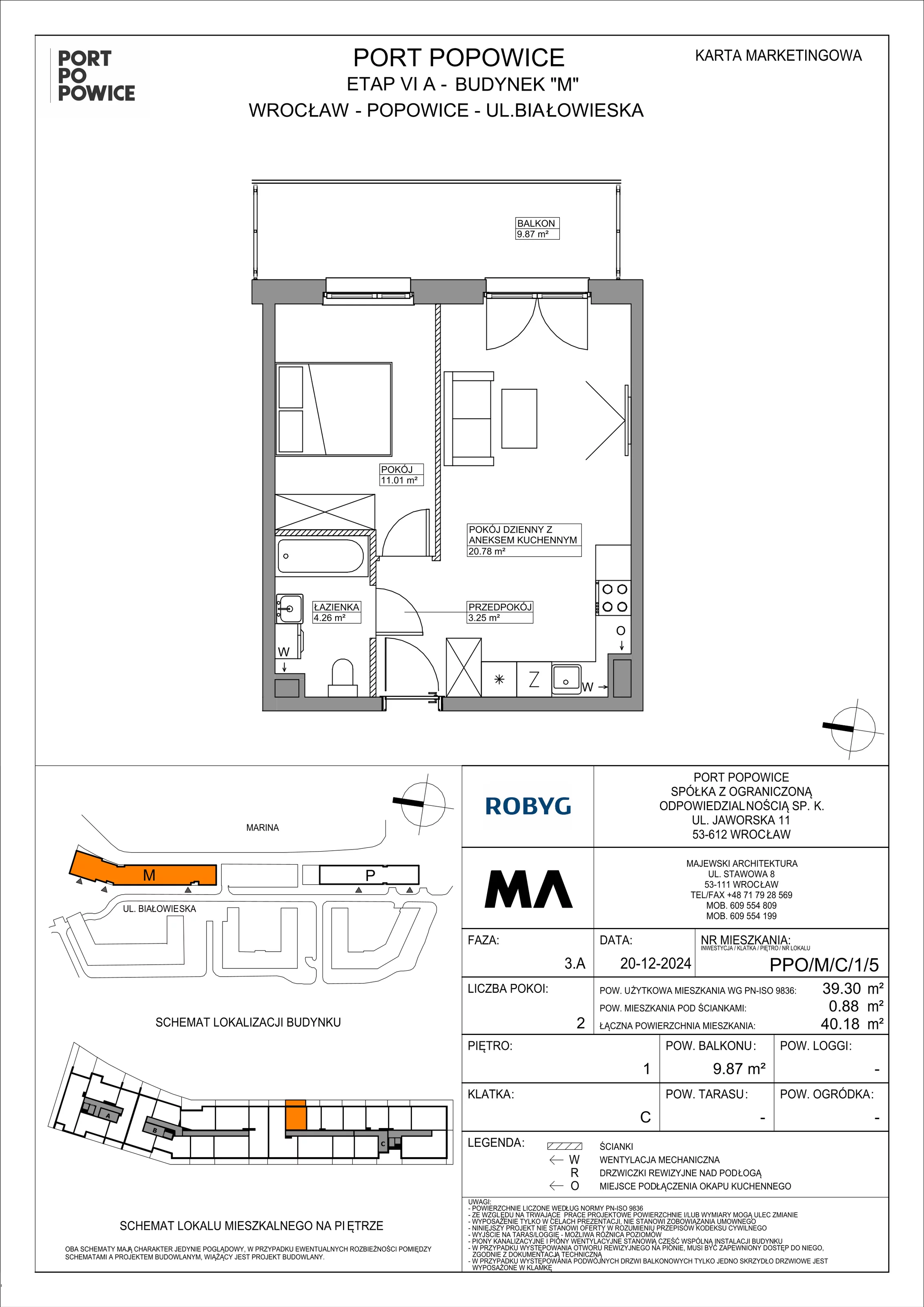 2 pokoje, mieszkanie 39,30 m², piętro 1, oferta nr PPO/M/C/1/5, Port Popowice IVa, Wrocław, Pilczyce-Kozanów-Popowice Północne, Popowice, ul. Białowieska