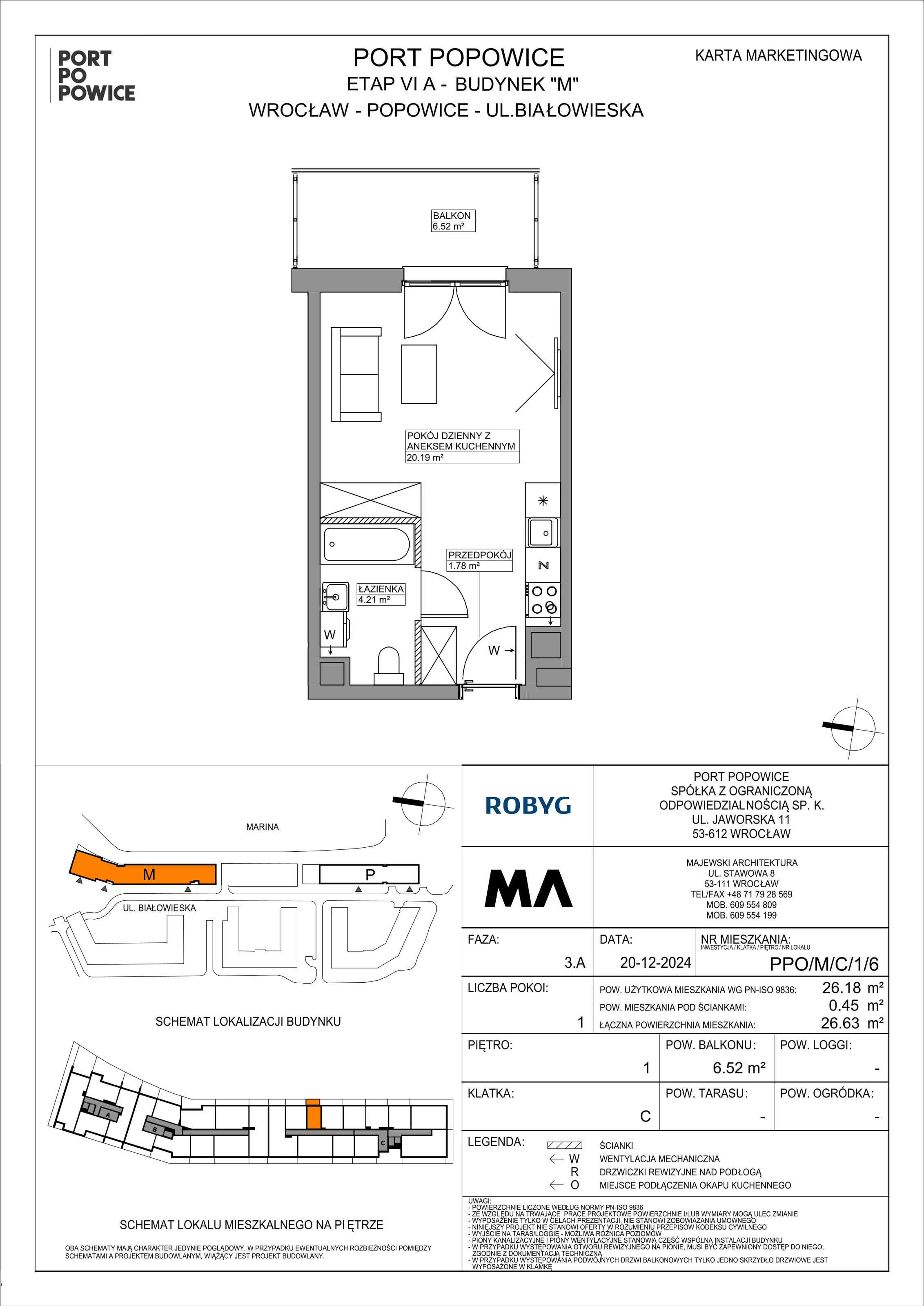 1 pokój, mieszkanie 26,18 m², piętro 1, oferta nr PPO/M/C/1/6, Port Popowice IVa, Wrocław, Pilczyce-Kozanów-Popowice Północne, Popowice, ul. Białowieska