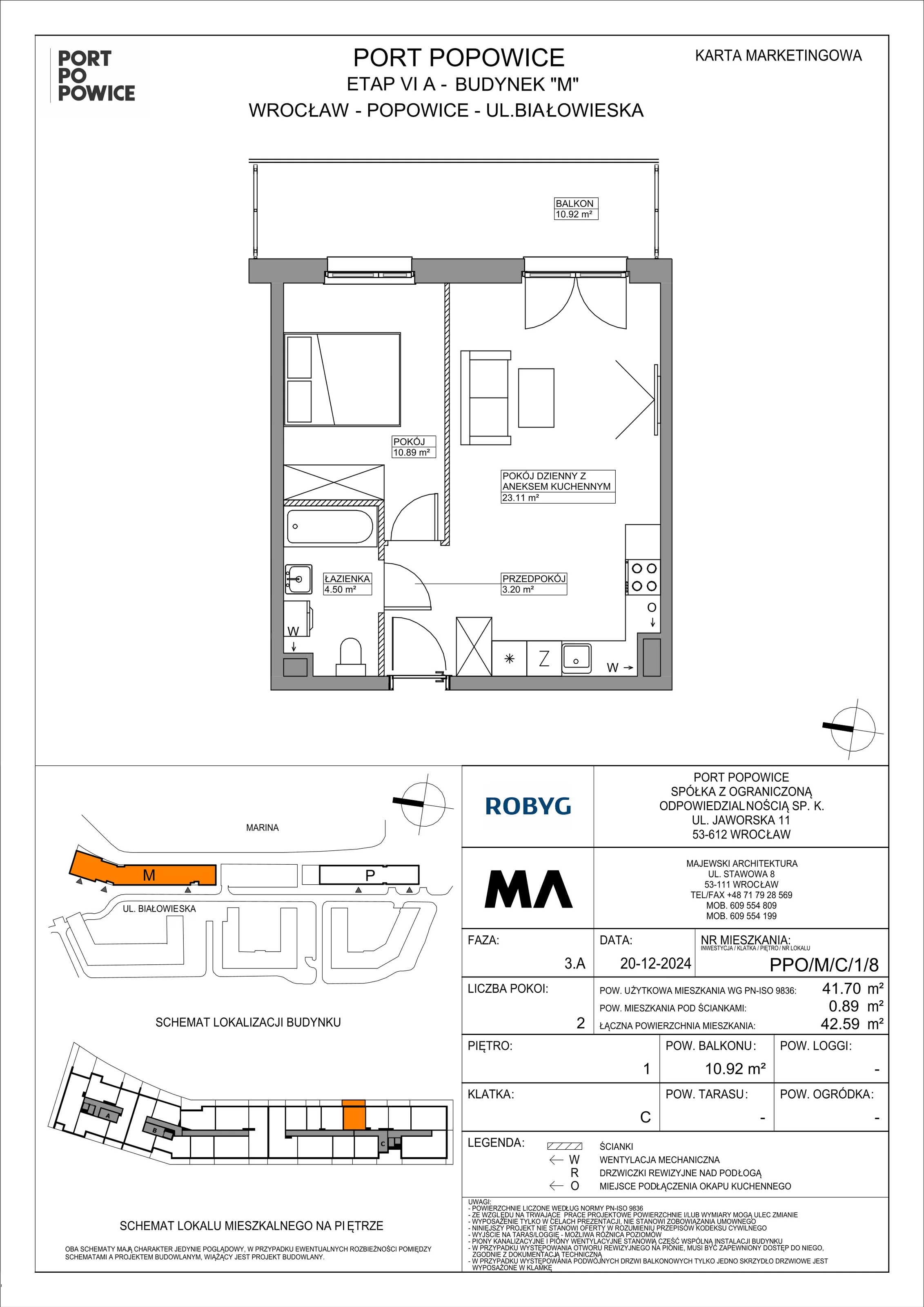 2 pokoje, mieszkanie 41,70 m², piętro 1, oferta nr PPO/M/C/1/8, Port Popowice IVa, Wrocław, Pilczyce-Kozanów-Popowice Północne, Popowice, ul. Białowieska