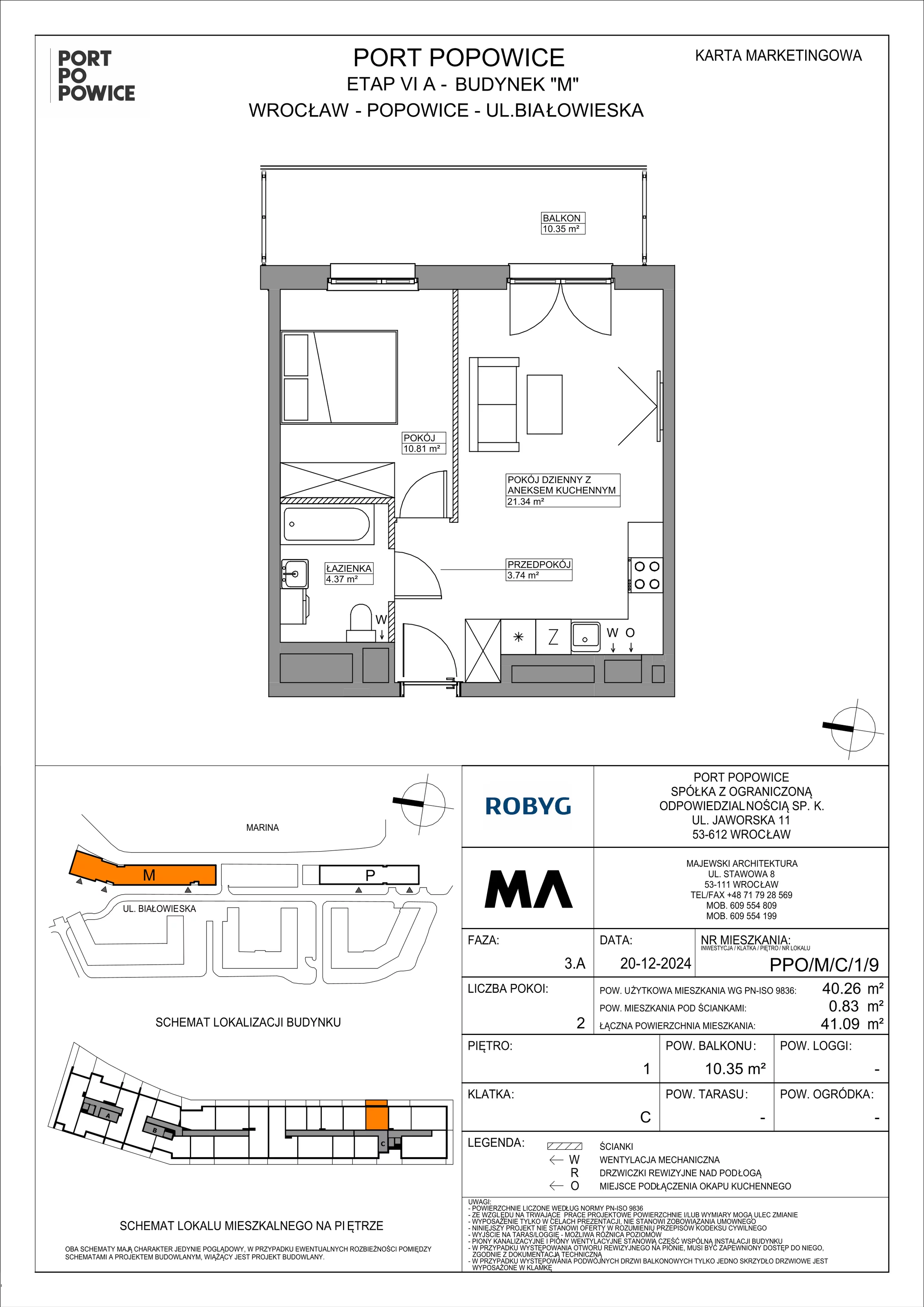 2 pokoje, mieszkanie 40,26 m², piętro 1, oferta nr PPO/M/C/1/9, Port Popowice IVa, Wrocław, Pilczyce-Kozanów-Popowice Północne, Popowice, ul. Białowieska