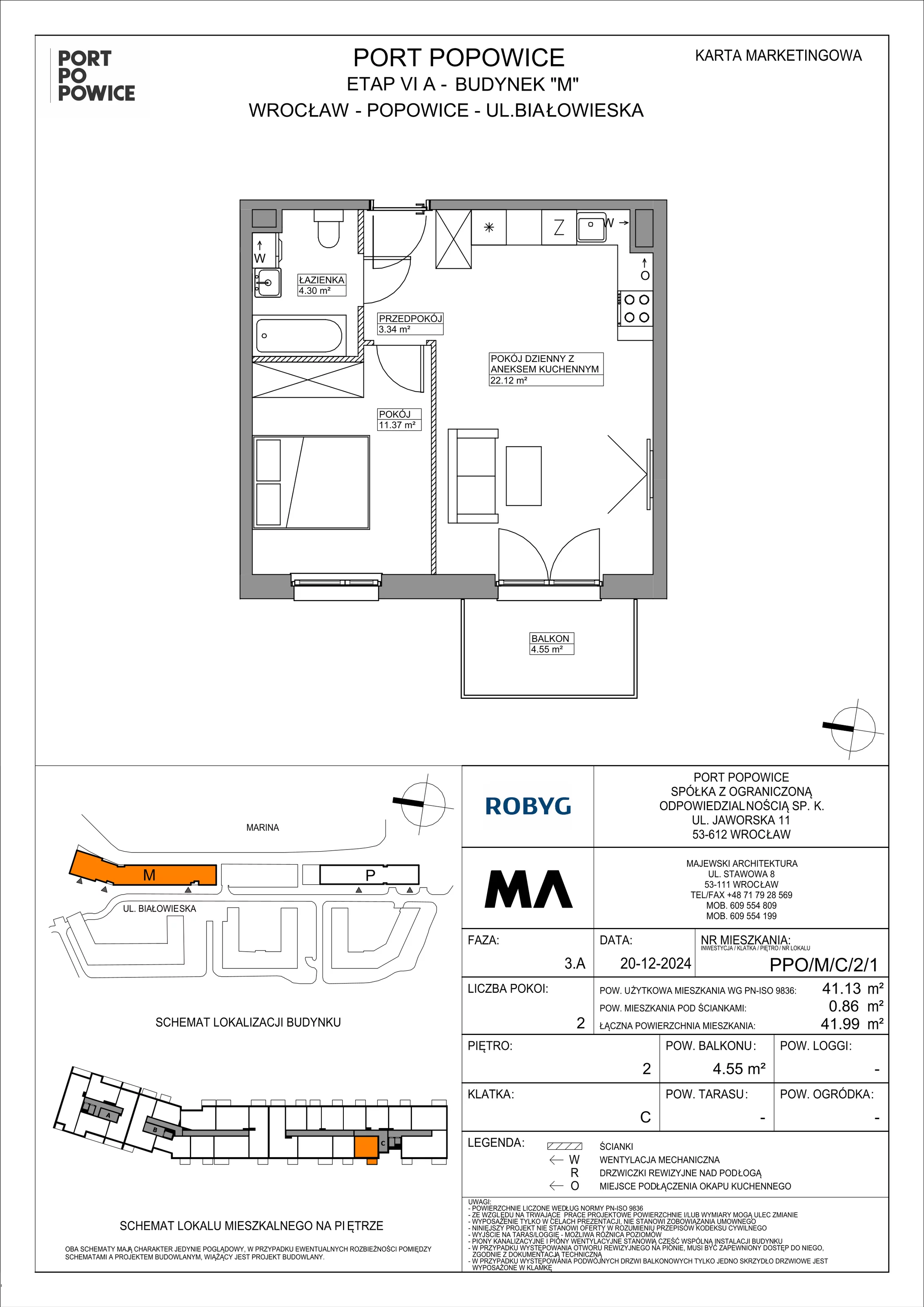 2 pokoje, mieszkanie 41,13 m², piętro 2, oferta nr PPO/M/C/2/1, Port Popowice IVa, Wrocław, Pilczyce-Kozanów-Popowice Północne, Popowice, ul. Białowieska