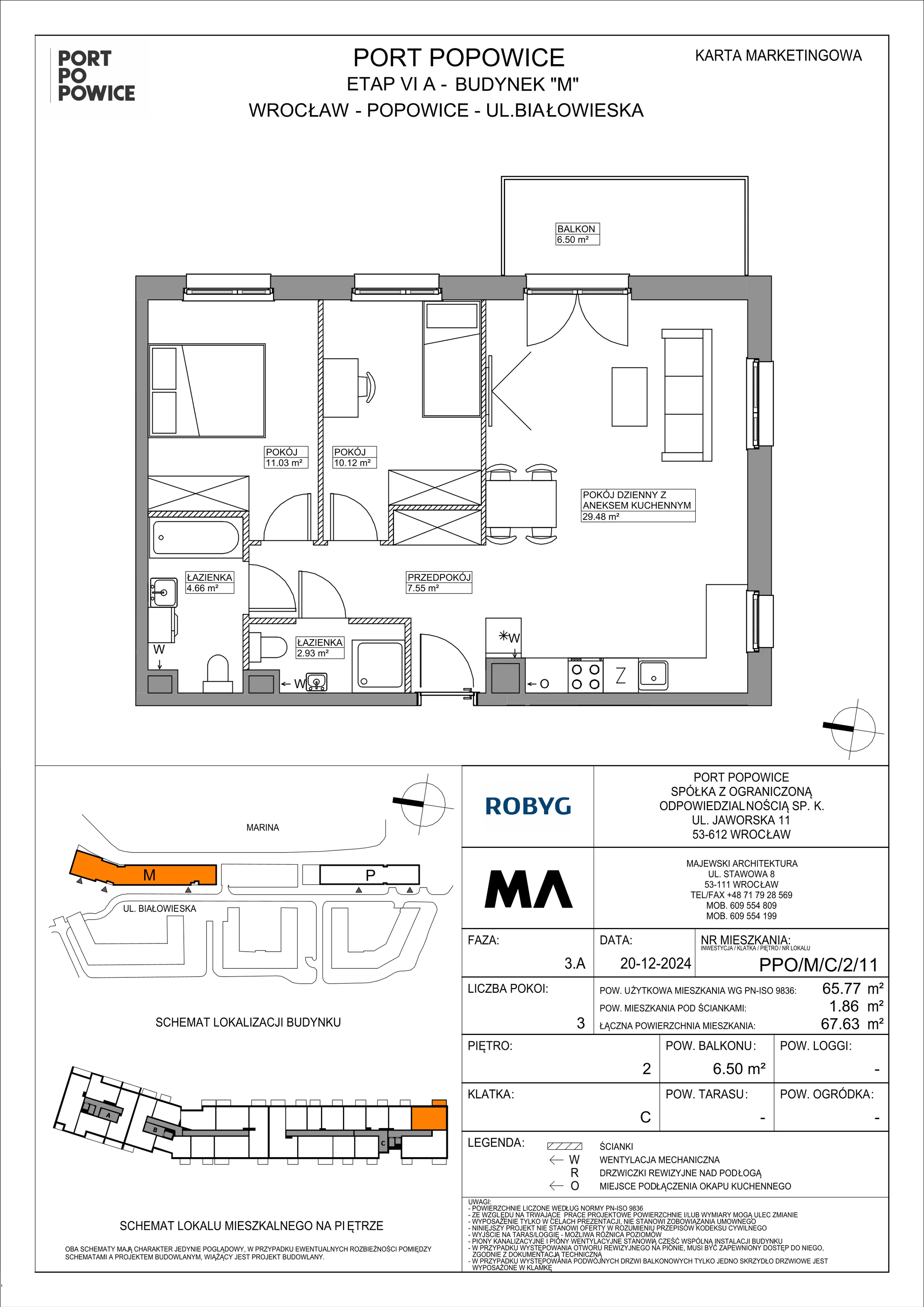 3 pokoje, mieszkanie 65,77 m², piętro 2, oferta nr PPO/M/C/2/11, Port Popowice IVa, Wrocław, Pilczyce-Kozanów-Popowice Północne, Popowice, ul. Białowieska