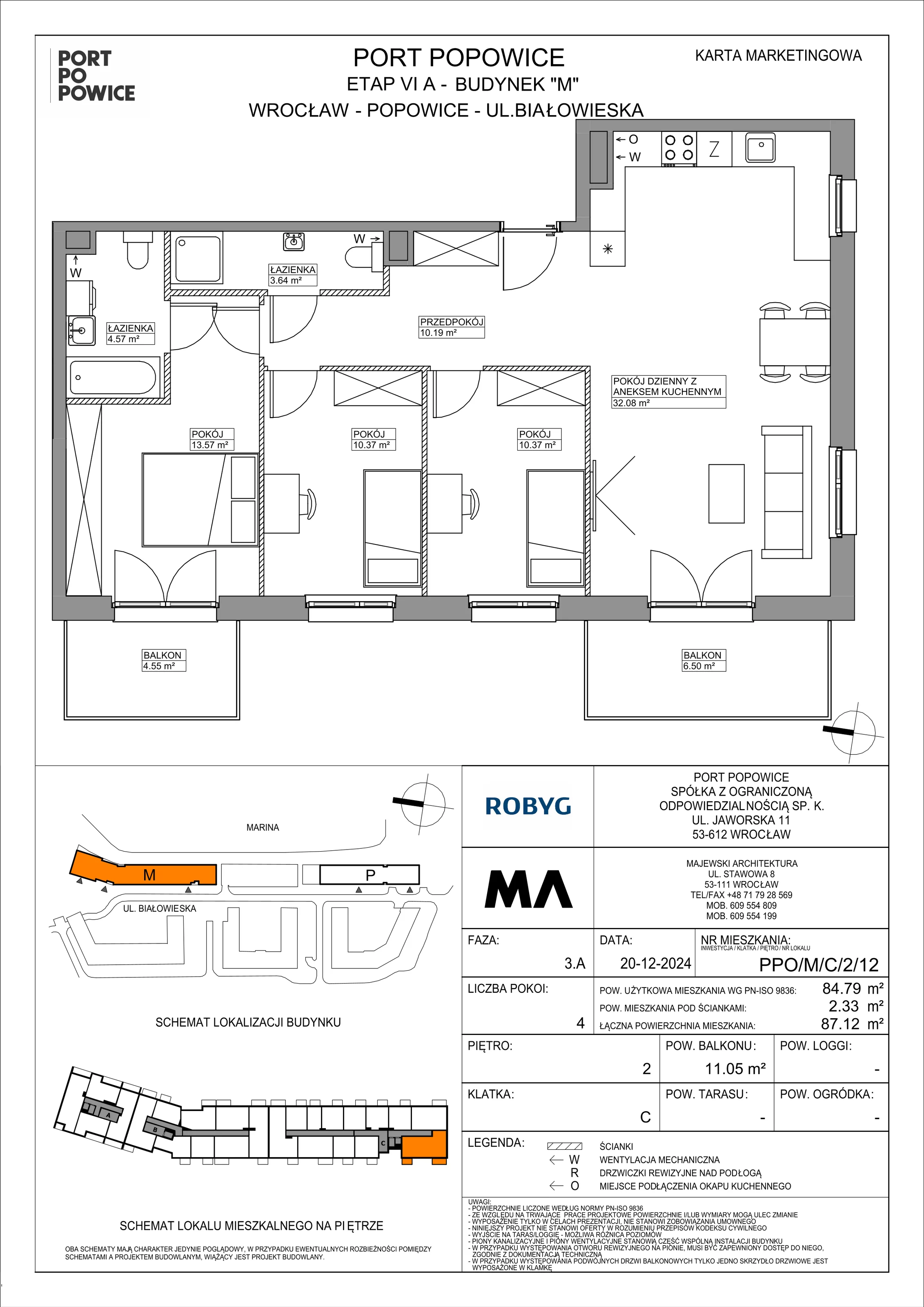 4 pokoje, mieszkanie 84,79 m², piętro 2, oferta nr PPO/M/C/2/12, Port Popowice IVa, Wrocław, Pilczyce-Kozanów-Popowice Północne, Popowice, ul. Białowieska