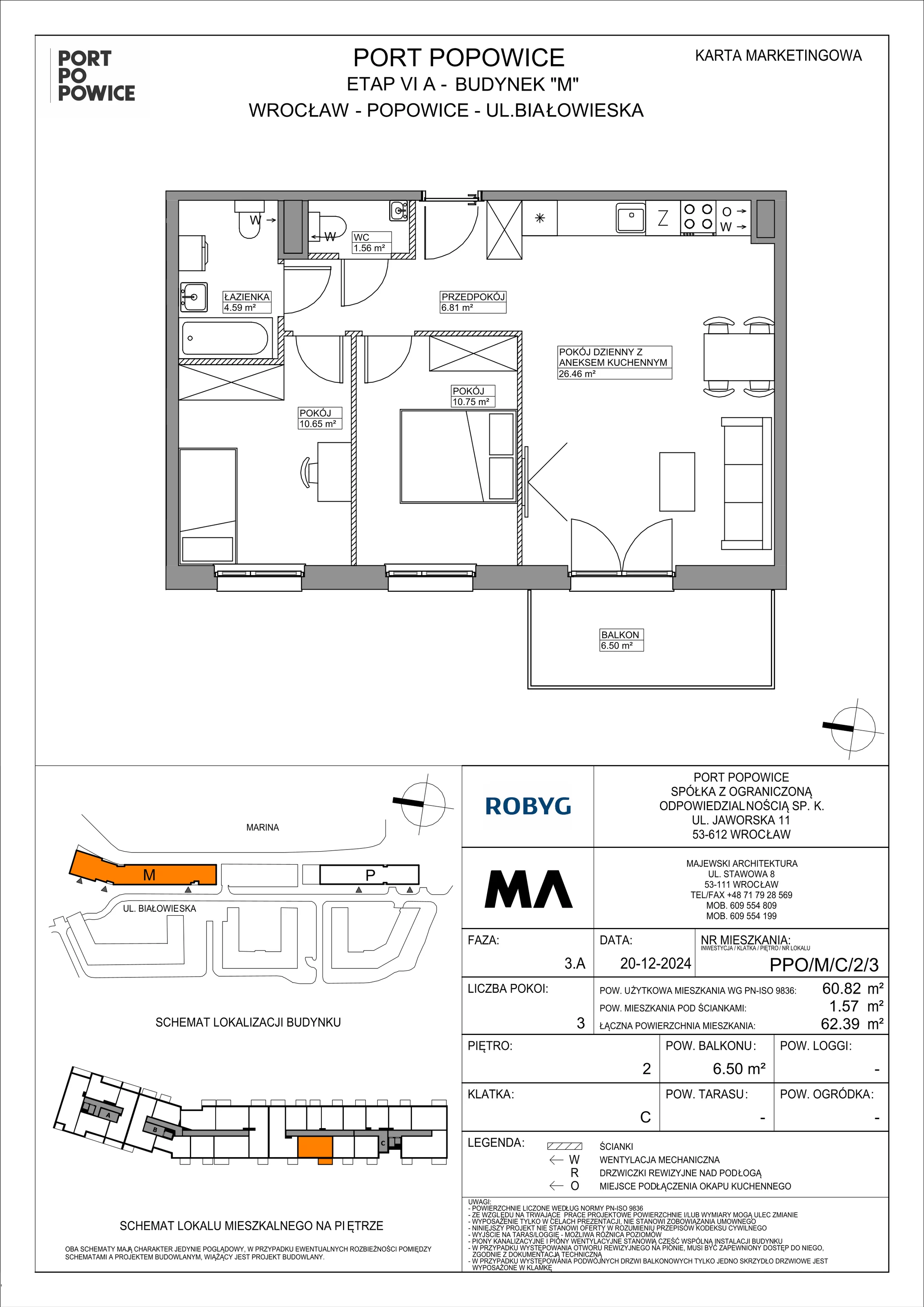 3 pokoje, mieszkanie 60,82 m², piętro 2, oferta nr PPO/M/C/2/3, Port Popowice IVa, Wrocław, Pilczyce-Kozanów-Popowice Północne, Popowice, ul. Białowieska