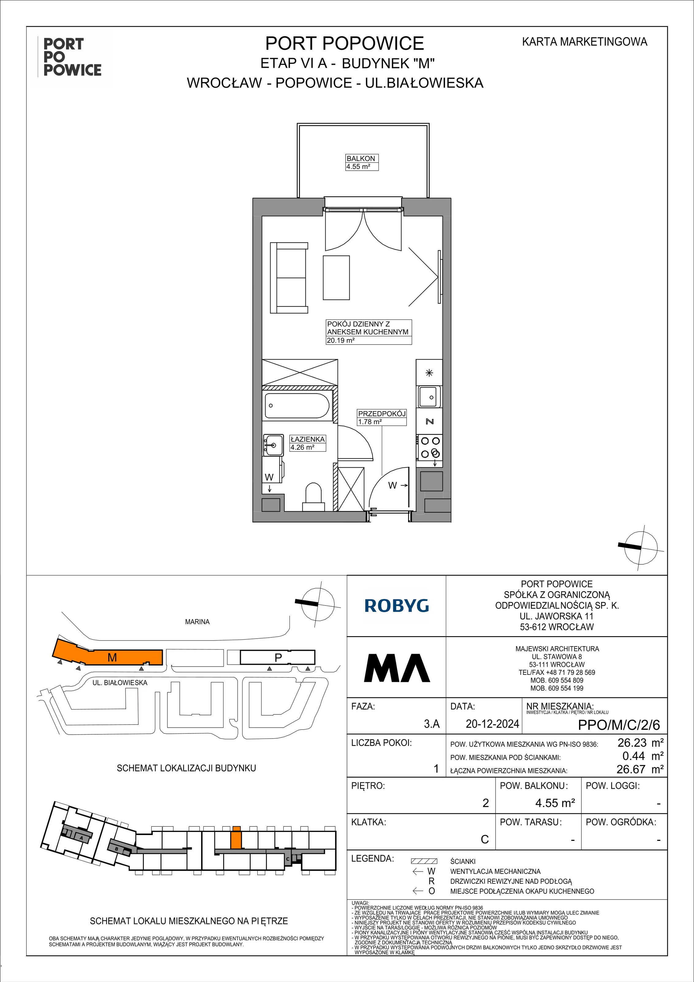 1 pokój, mieszkanie 26,23 m², piętro 2, oferta nr PPO/M/C/2/6, Port Popowice IVa, Wrocław, Pilczyce-Kozanów-Popowice Północne, Popowice, ul. Białowieska