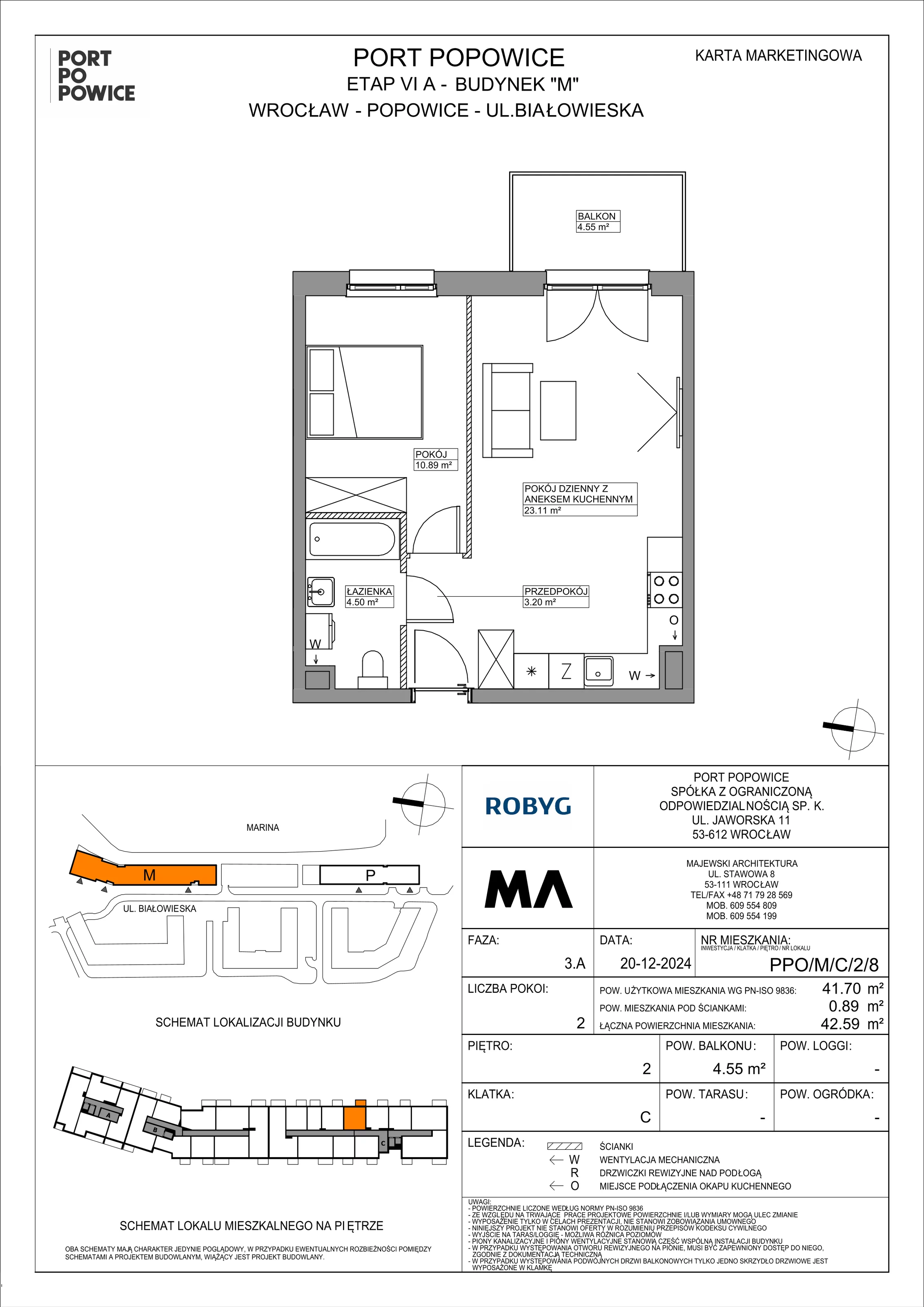 2 pokoje, mieszkanie 41,70 m², piętro 2, oferta nr PPO/M/C/2/8, Port Popowice IVa, Wrocław, Pilczyce-Kozanów-Popowice Północne, Popowice, ul. Białowieska