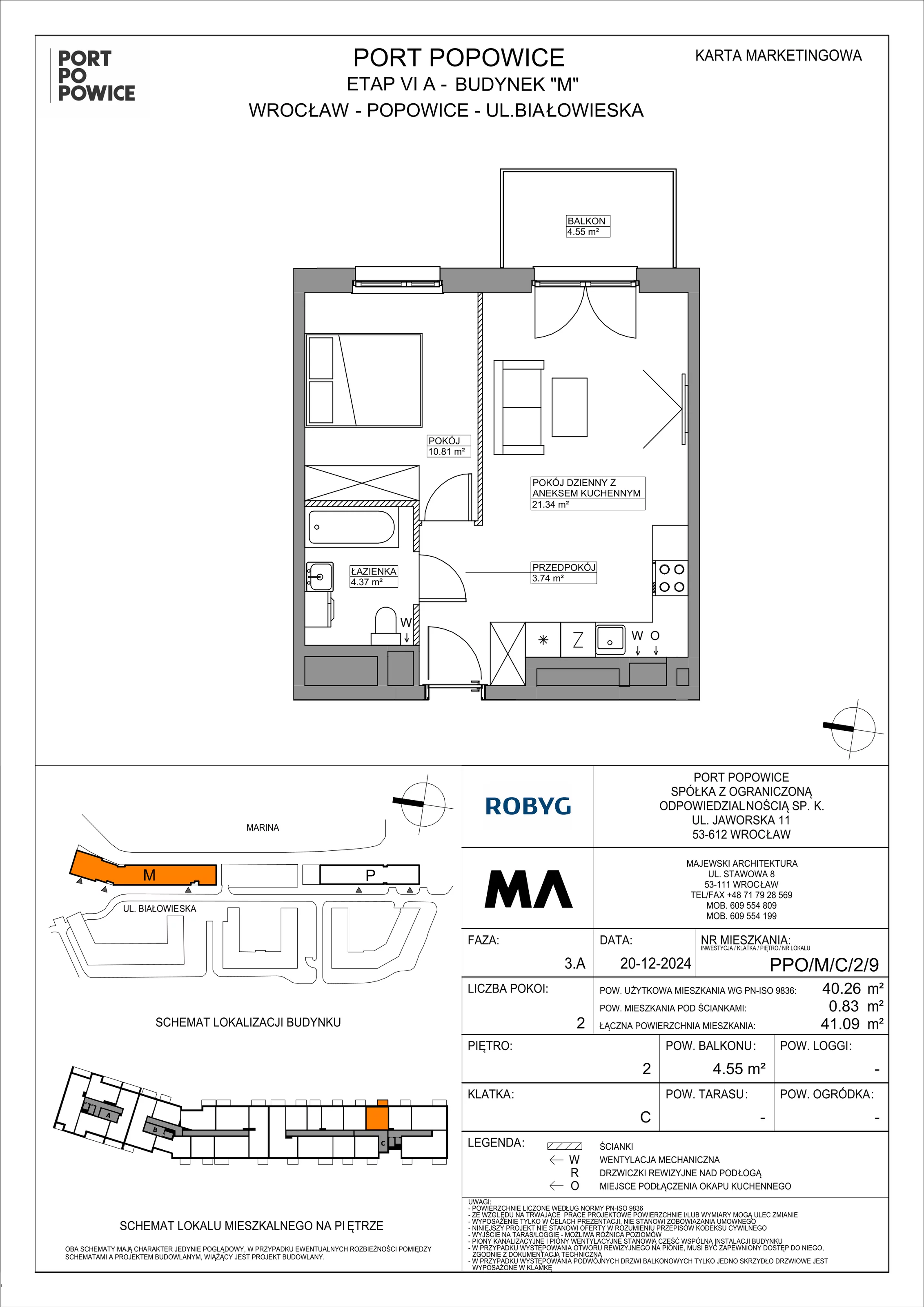 2 pokoje, mieszkanie 40,26 m², piętro 2, oferta nr PPO/M/C/2/9, Port Popowice IVa, Wrocław, Pilczyce-Kozanów-Popowice Północne, Popowice, ul. Białowieska