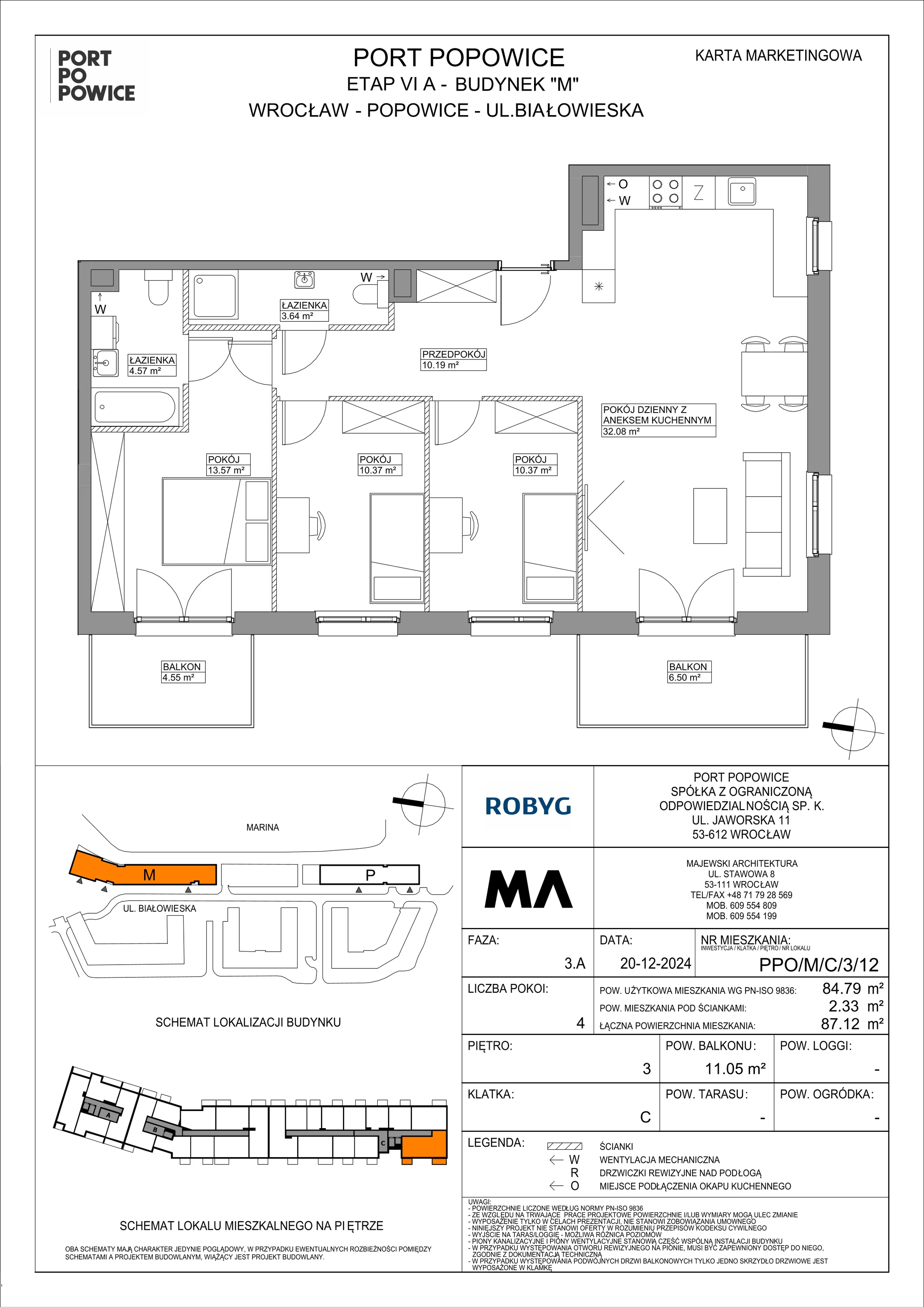 4 pokoje, mieszkanie 84,79 m², piętro 3, oferta nr PPO/M/C/3/12, Port Popowice IVa, Wrocław, Pilczyce-Kozanów-Popowice Północne, Popowice, ul. Białowieska