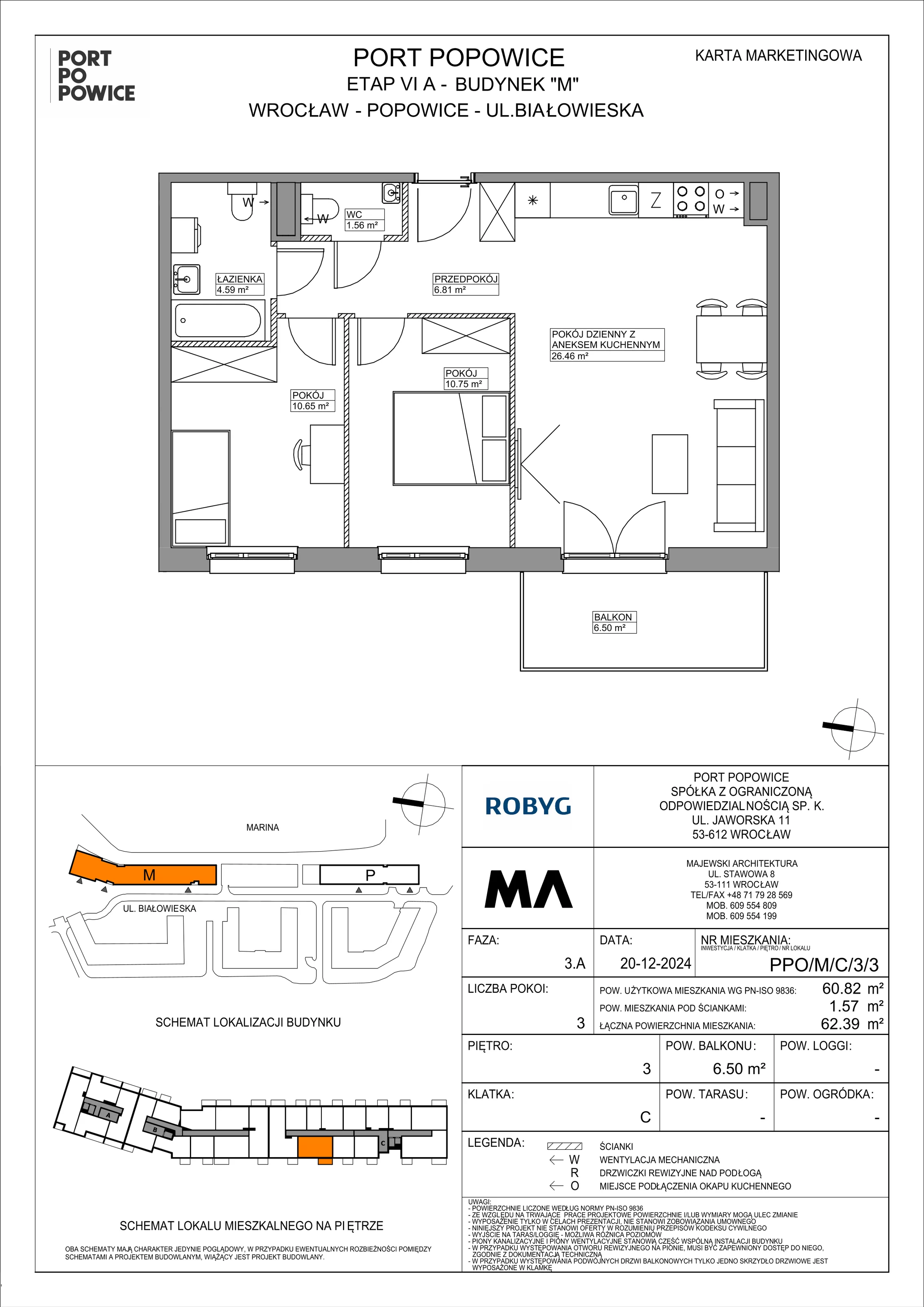 3 pokoje, mieszkanie 60,82 m², piętro 3, oferta nr PPO/M/C/3/3, Port Popowice IVa, Wrocław, Pilczyce-Kozanów-Popowice Północne, Popowice, ul. Białowieska