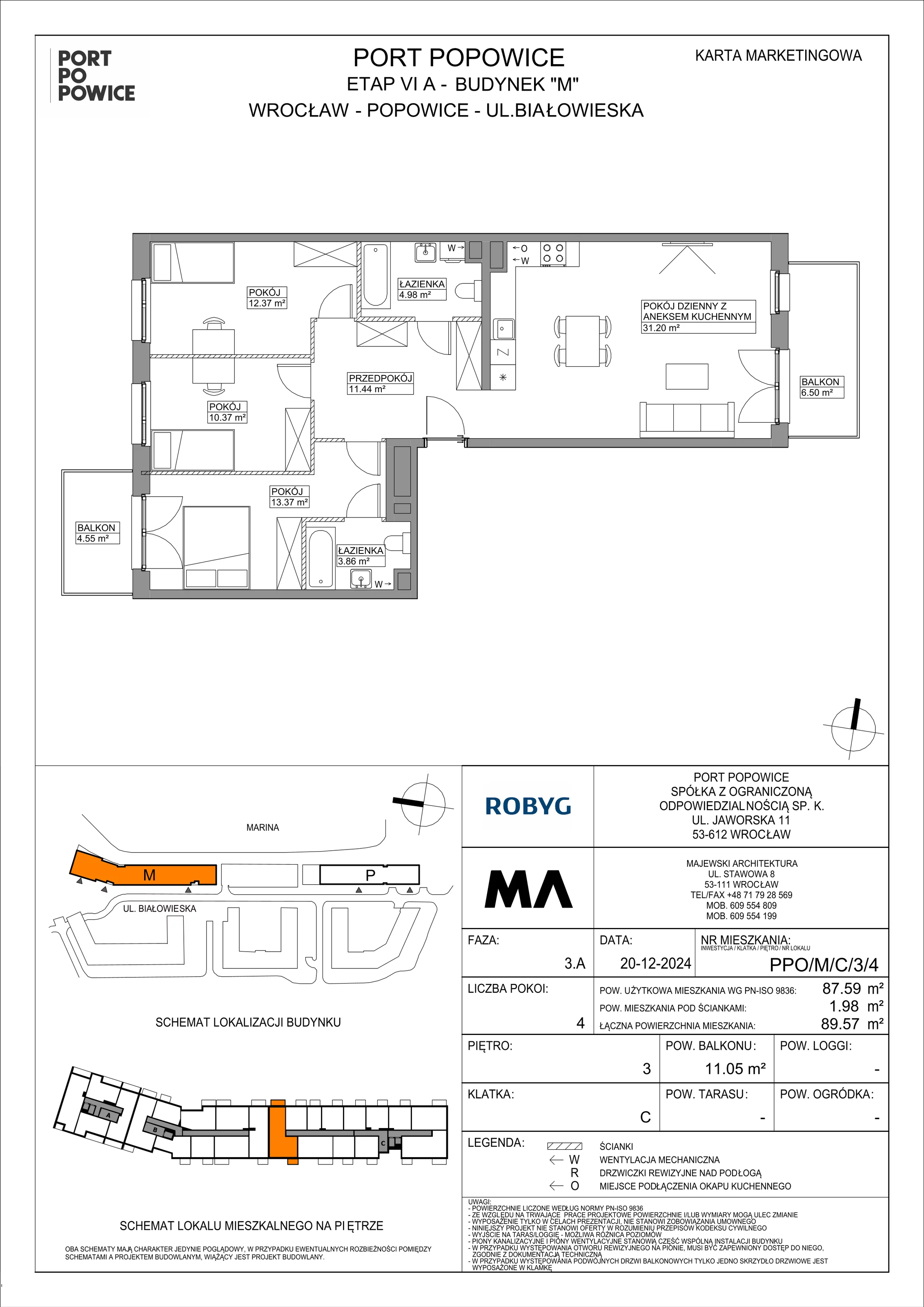 4 pokoje, mieszkanie 87,59 m², piętro 3, oferta nr PPO/M/C/3/4, Port Popowice IVa, Wrocław, Pilczyce-Kozanów-Popowice Północne, Popowice, ul. Białowieska