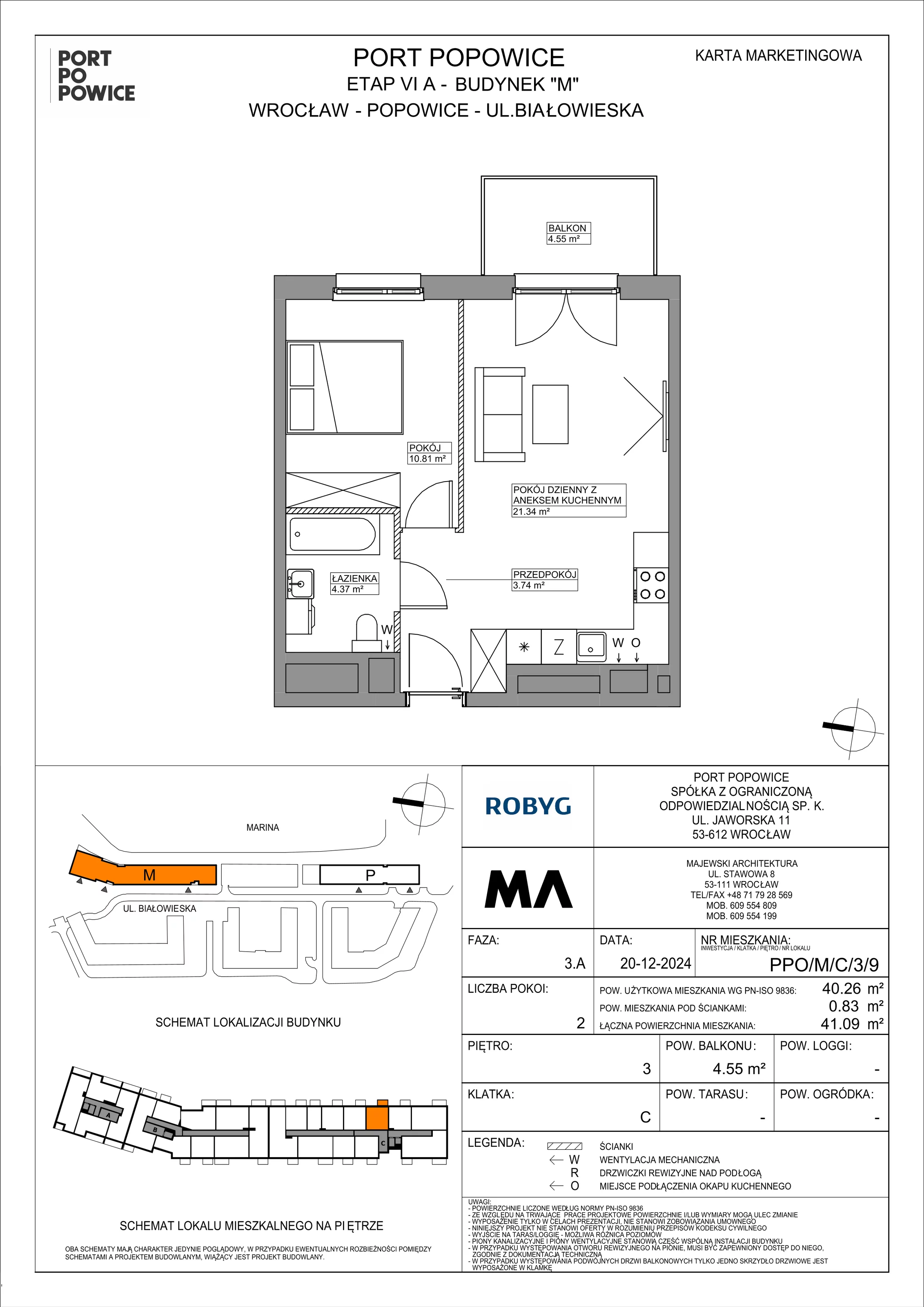 2 pokoje, mieszkanie 40,26 m², piętro 3, oferta nr PPO/M/C/3/9, Port Popowice IVa, Wrocław, Pilczyce-Kozanów-Popowice Północne, Popowice, ul. Białowieska