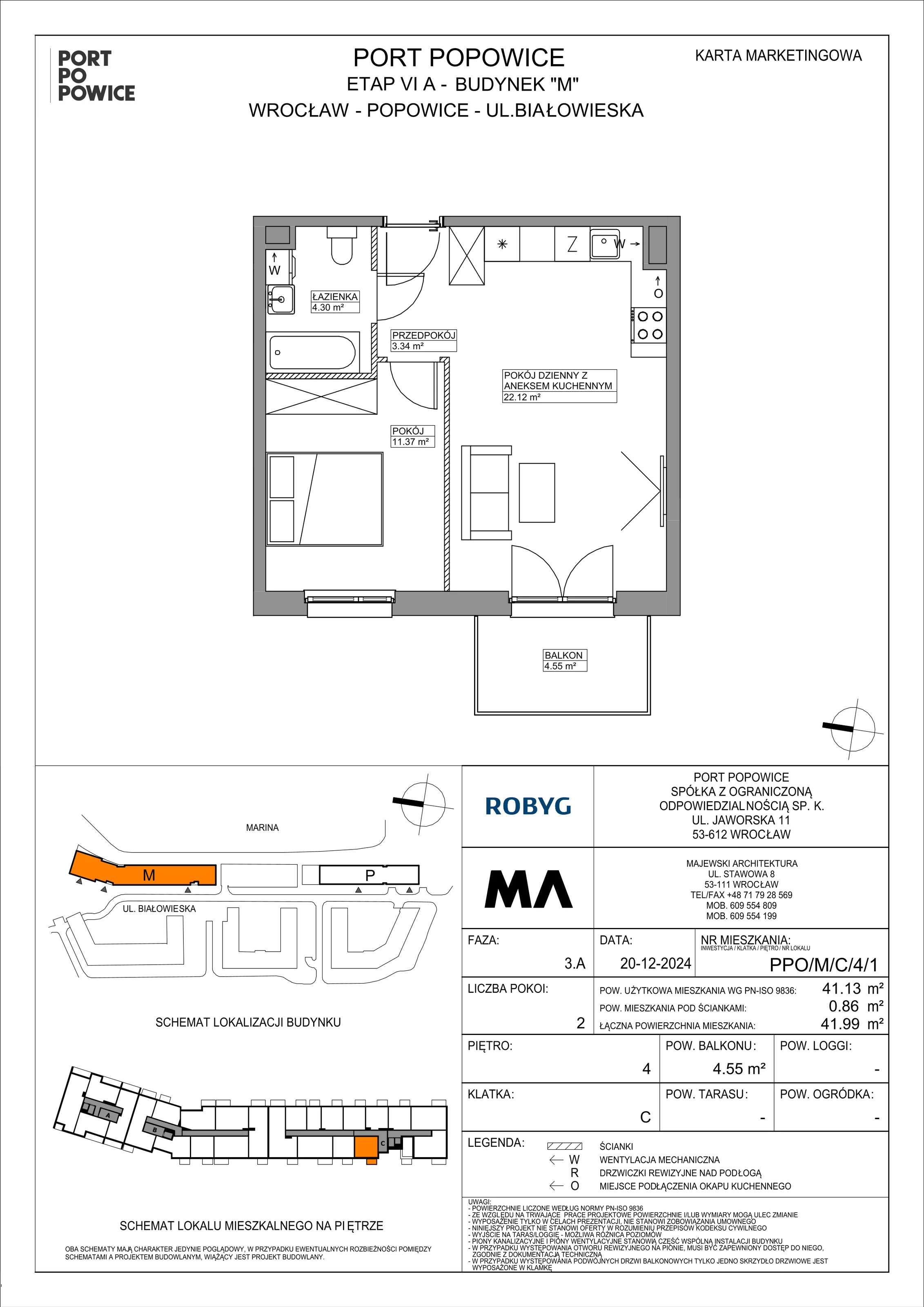 2 pokoje, mieszkanie 41,13 m², piętro 4, oferta nr PPO/M/C/4/1, Port Popowice IVa, Wrocław, Pilczyce-Kozanów-Popowice Północne, Popowice, ul. Białowieska