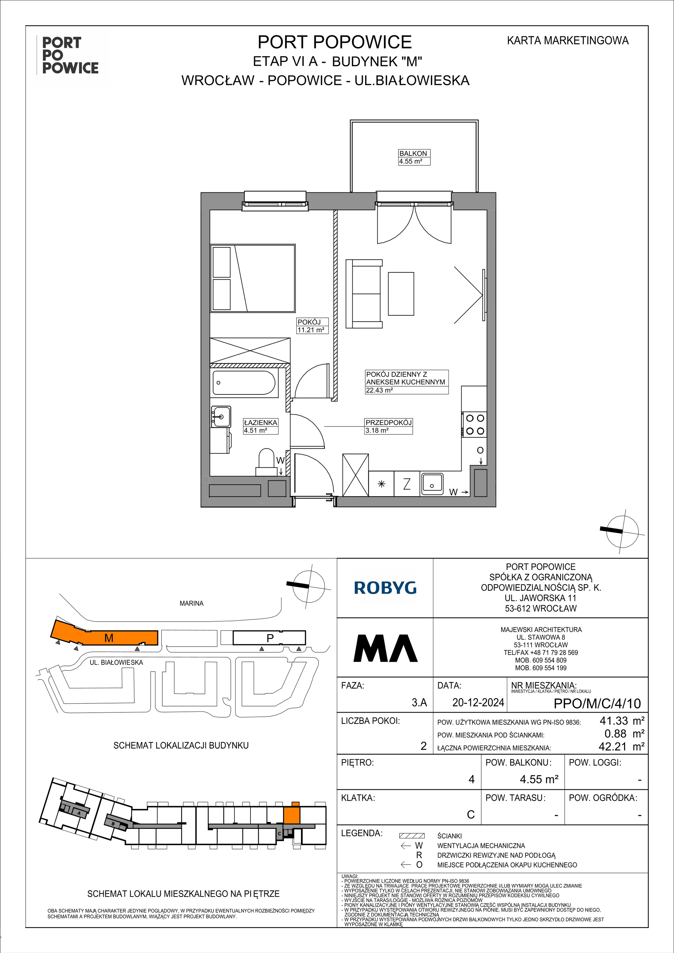 2 pokoje, mieszkanie 41,33 m², piętro 4, oferta nr PPO/M/C/4/10, Port Popowice IVa, Wrocław, Pilczyce-Kozanów-Popowice Północne, Popowice, ul. Białowieska