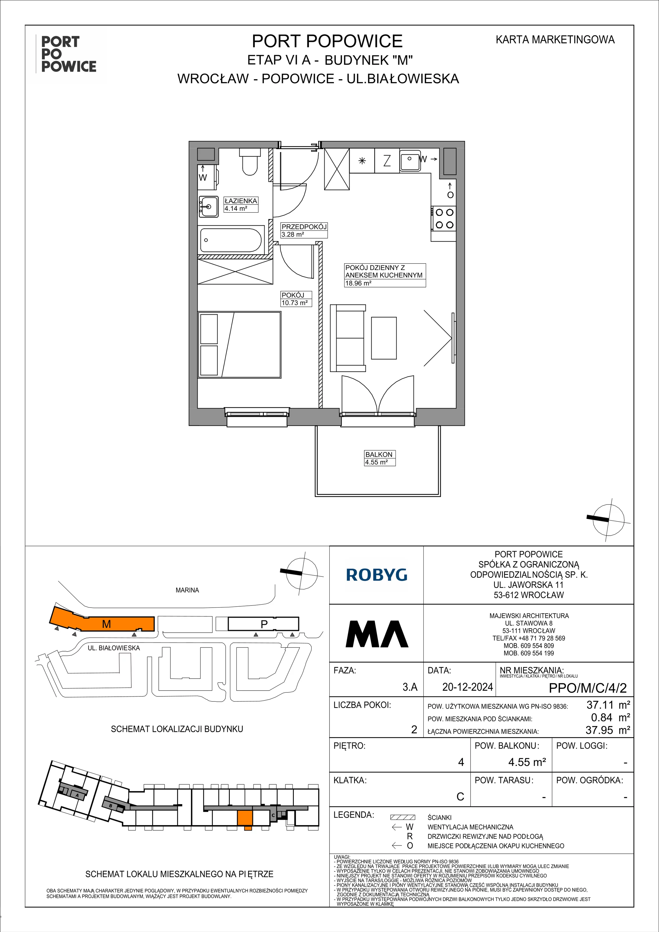 2 pokoje, mieszkanie 37,11 m², piętro 4, oferta nr PPO/M/C/4/2, Port Popowice IVa, Wrocław, Pilczyce-Kozanów-Popowice Północne, Popowice, ul. Białowieska