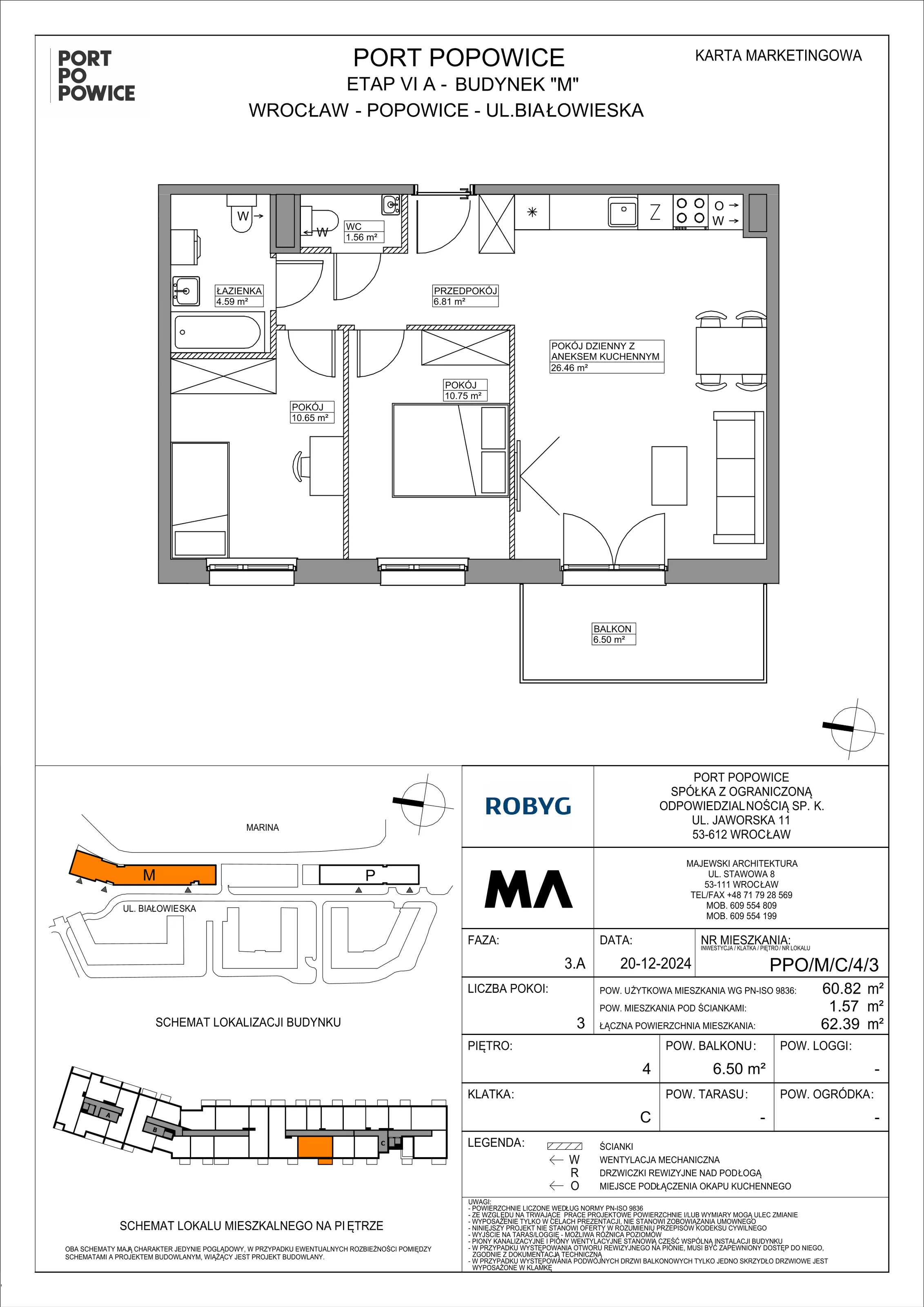 3 pokoje, mieszkanie 60,82 m², piętro 4, oferta nr PPO/M/C/4/3, Port Popowice IVa, Wrocław, Pilczyce-Kozanów-Popowice Północne, Popowice, ul. Białowieska