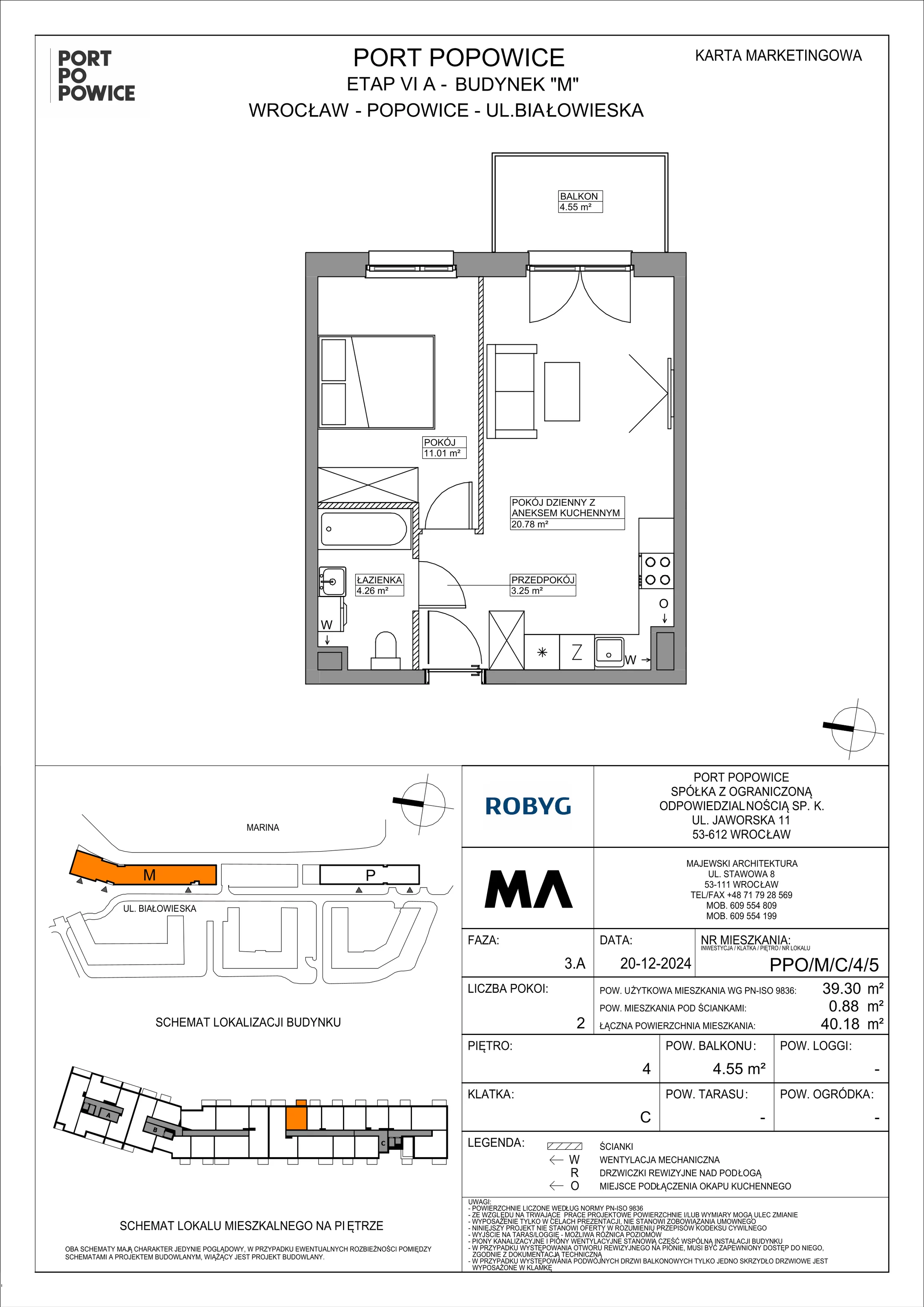 2 pokoje, mieszkanie 39,30 m², piętro 4, oferta nr PPO/M/C/4/5, Port Popowice IVa, Wrocław, Pilczyce-Kozanów-Popowice Północne, Popowice, ul. Białowieska