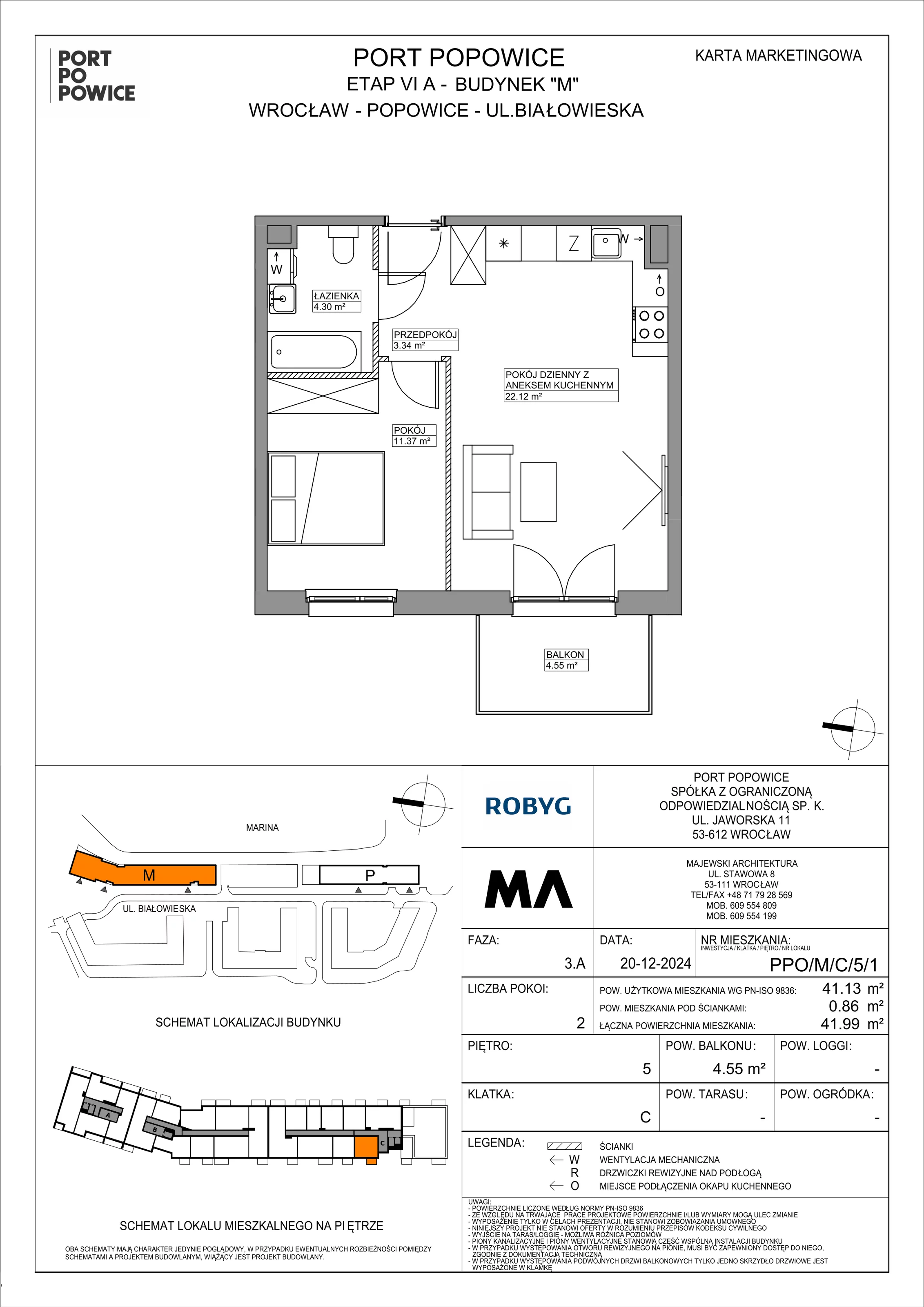 2 pokoje, mieszkanie 41,13 m², piętro 5, oferta nr PPO/M/C/5/1, Port Popowice IVa, Wrocław, Pilczyce-Kozanów-Popowice Północne, Popowice, ul. Białowieska