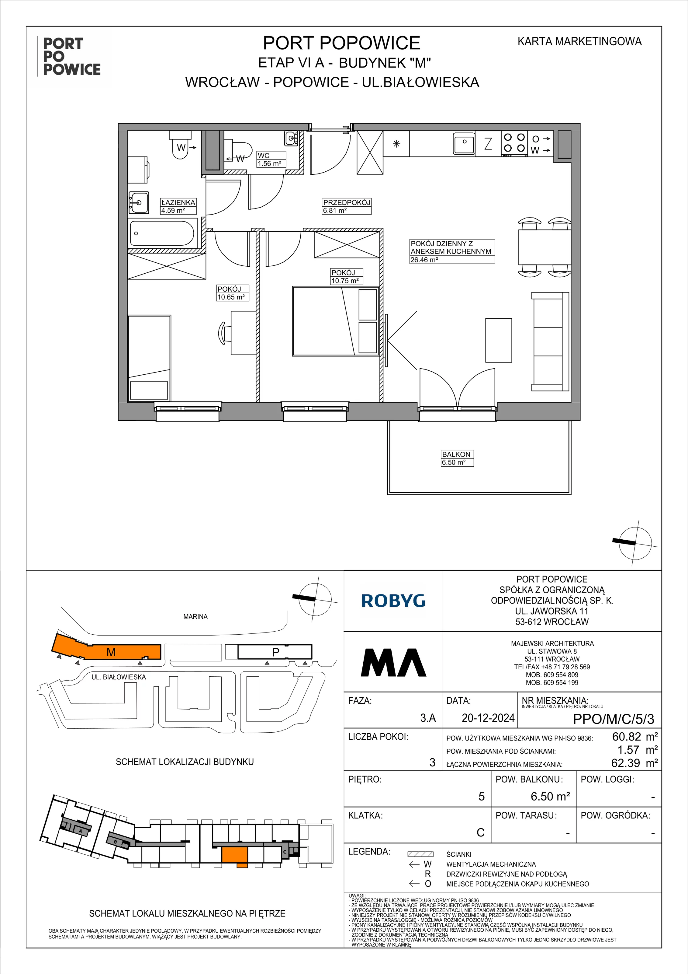 3 pokoje, mieszkanie 60,82 m², piętro 5, oferta nr PPO/M/C/5/3, Port Popowice IVa, Wrocław, Pilczyce-Kozanów-Popowice Północne, Popowice, ul. Białowieska