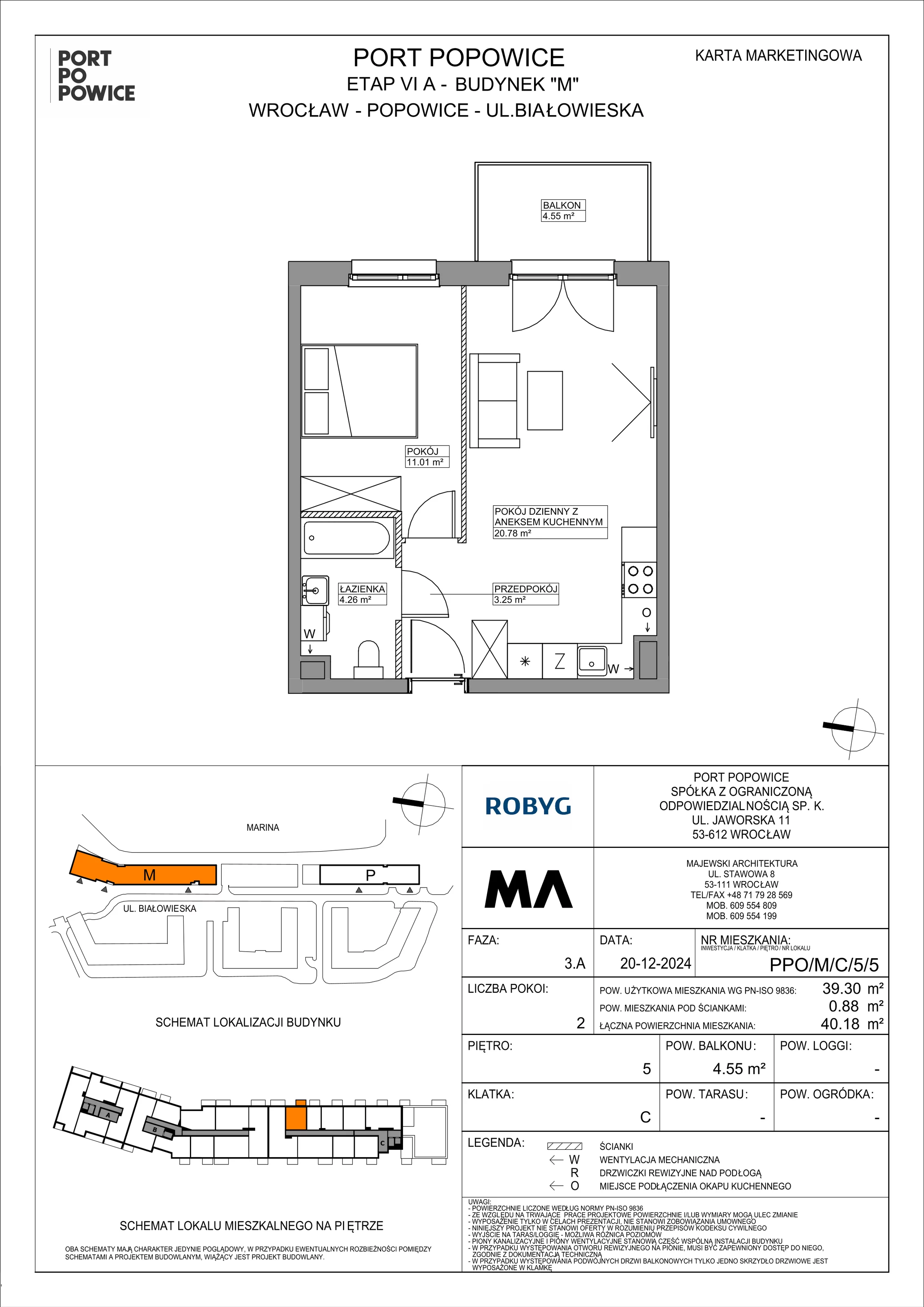 2 pokoje, mieszkanie 39,30 m², piętro 5, oferta nr PPO/M/C/5/5, Port Popowice IVa, Wrocław, Pilczyce-Kozanów-Popowice Północne, Popowice, ul. Białowieska