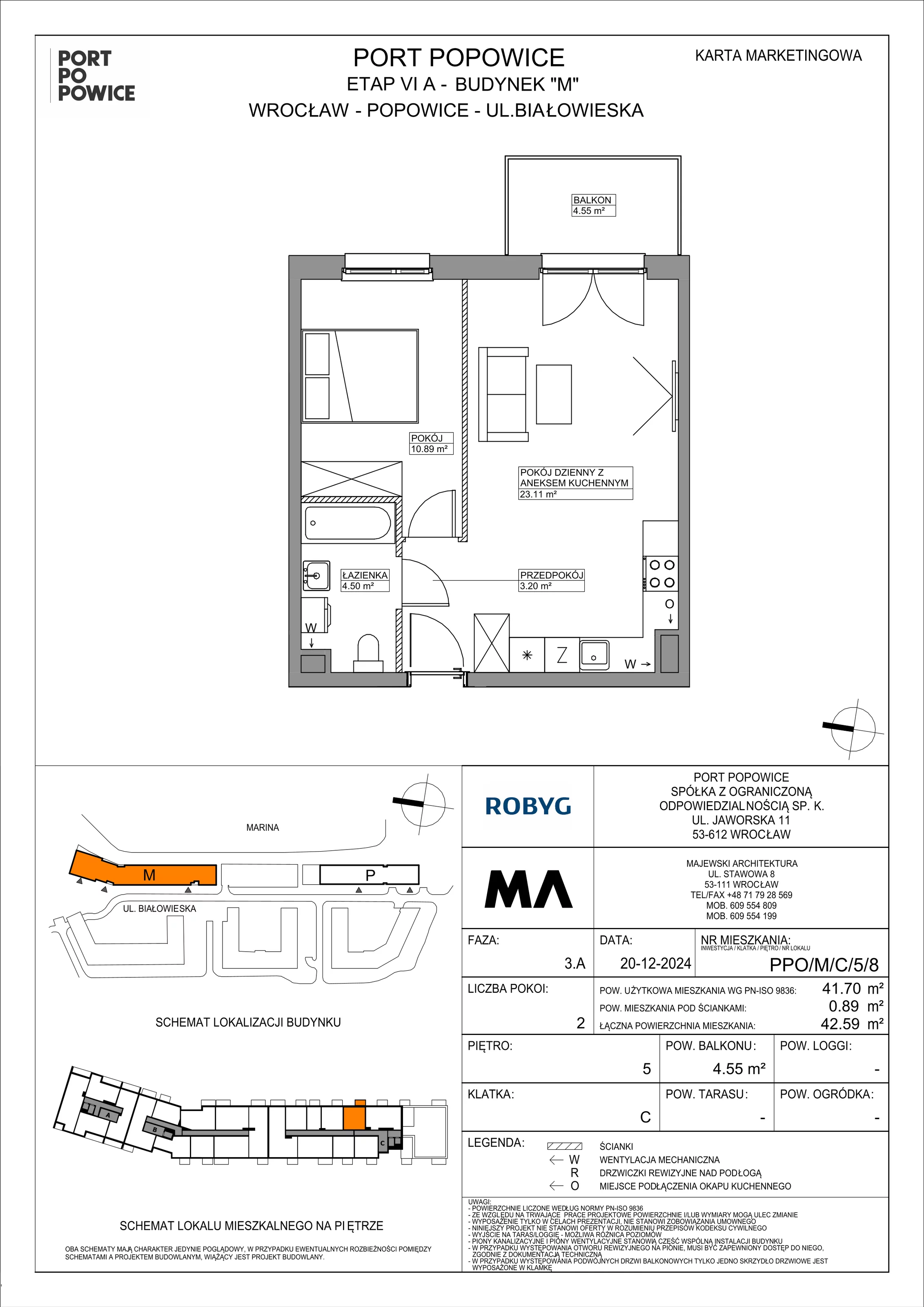 2 pokoje, mieszkanie 41,70 m², piętro 5, oferta nr PPO/M/C/5/8, Port Popowice IVa, Wrocław, Pilczyce-Kozanów-Popowice Północne, Popowice, ul. Białowieska