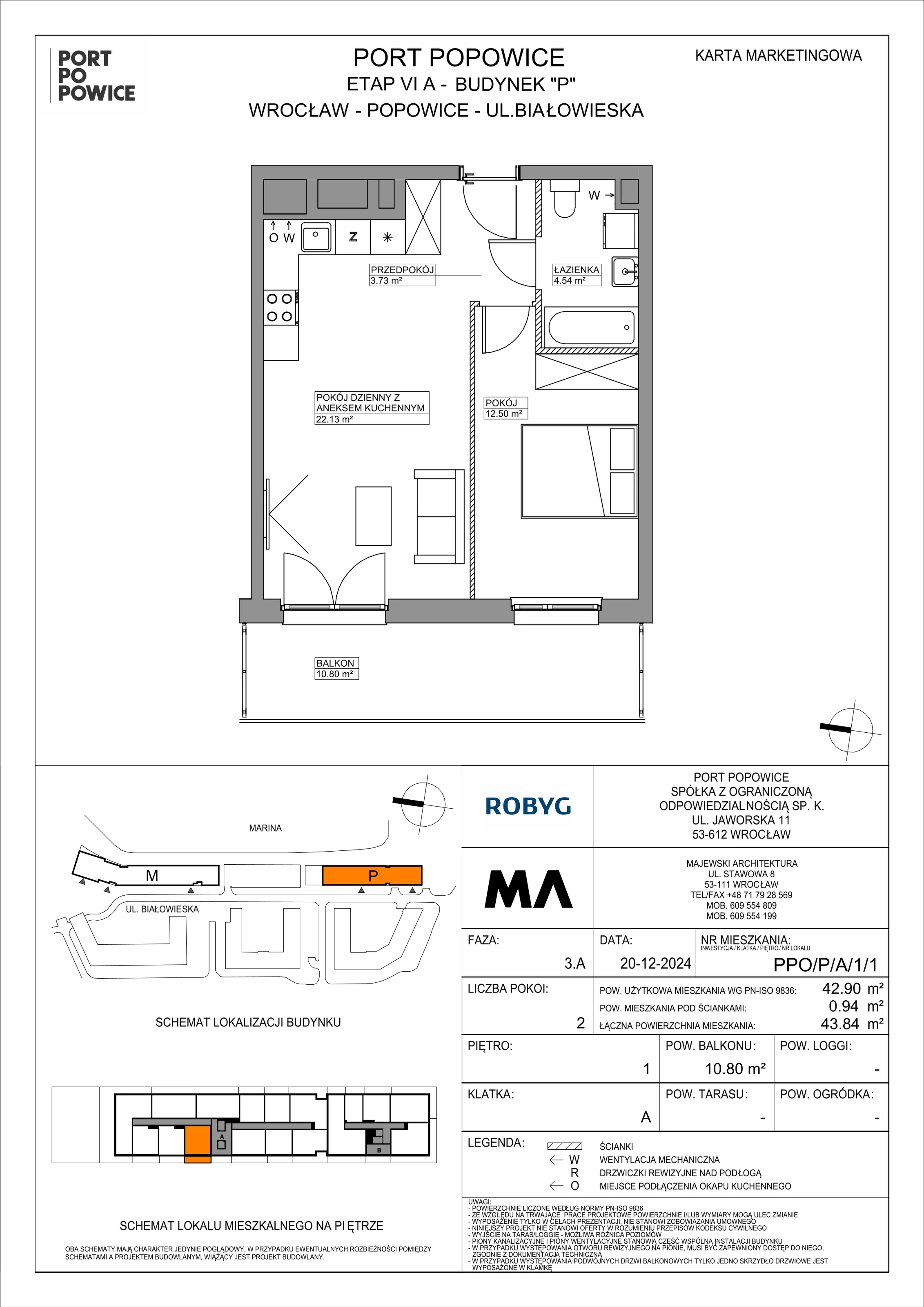 2 pokoje, mieszkanie 42,90 m², piętro 1, oferta nr PPO/P/A/1/1, Port Popowice IVa, Wrocław, Pilczyce-Kozanów-Popowice Północne, Popowice, ul. Białowieska