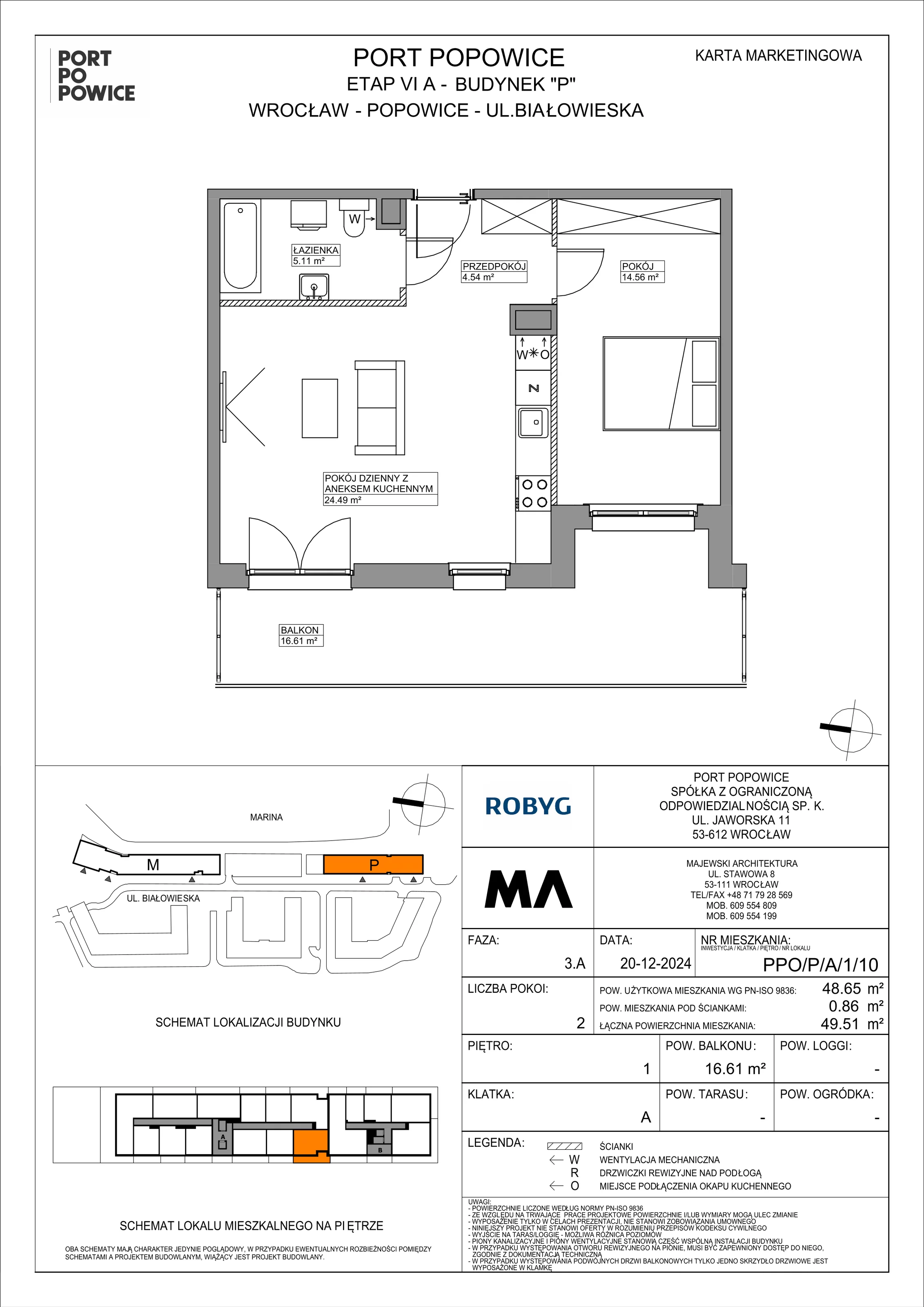 2 pokoje, mieszkanie 48,65 m², piętro 1, oferta nr PPO/P/A/1/10, Port Popowice IVa, Wrocław, Pilczyce-Kozanów-Popowice Północne, Popowice, ul. Białowieska