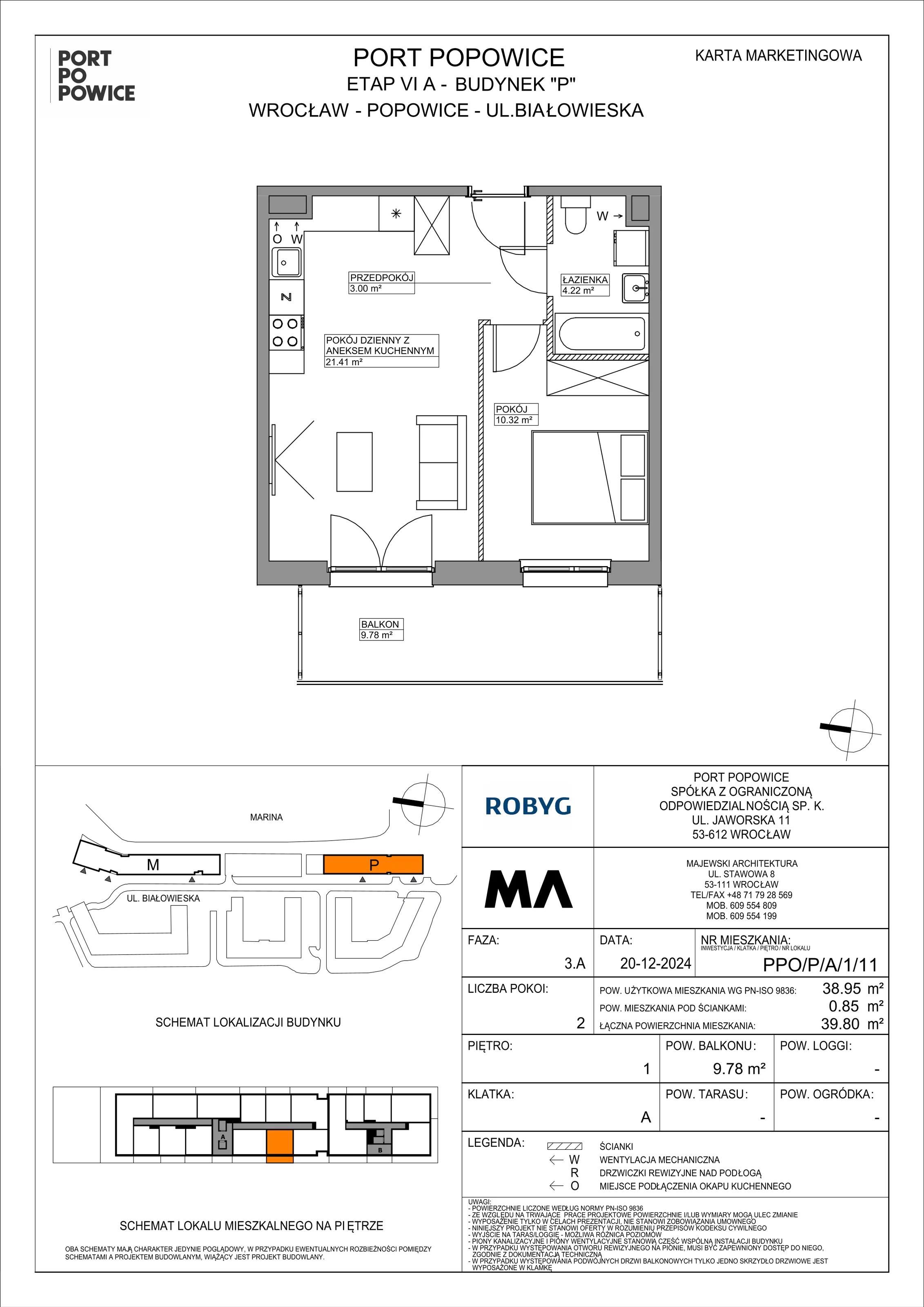 2 pokoje, mieszkanie 38,95 m², piętro 1, oferta nr PPO/P/A/1/11, Port Popowice IVa, Wrocław, Pilczyce-Kozanów-Popowice Północne, Popowice, ul. Białowieska