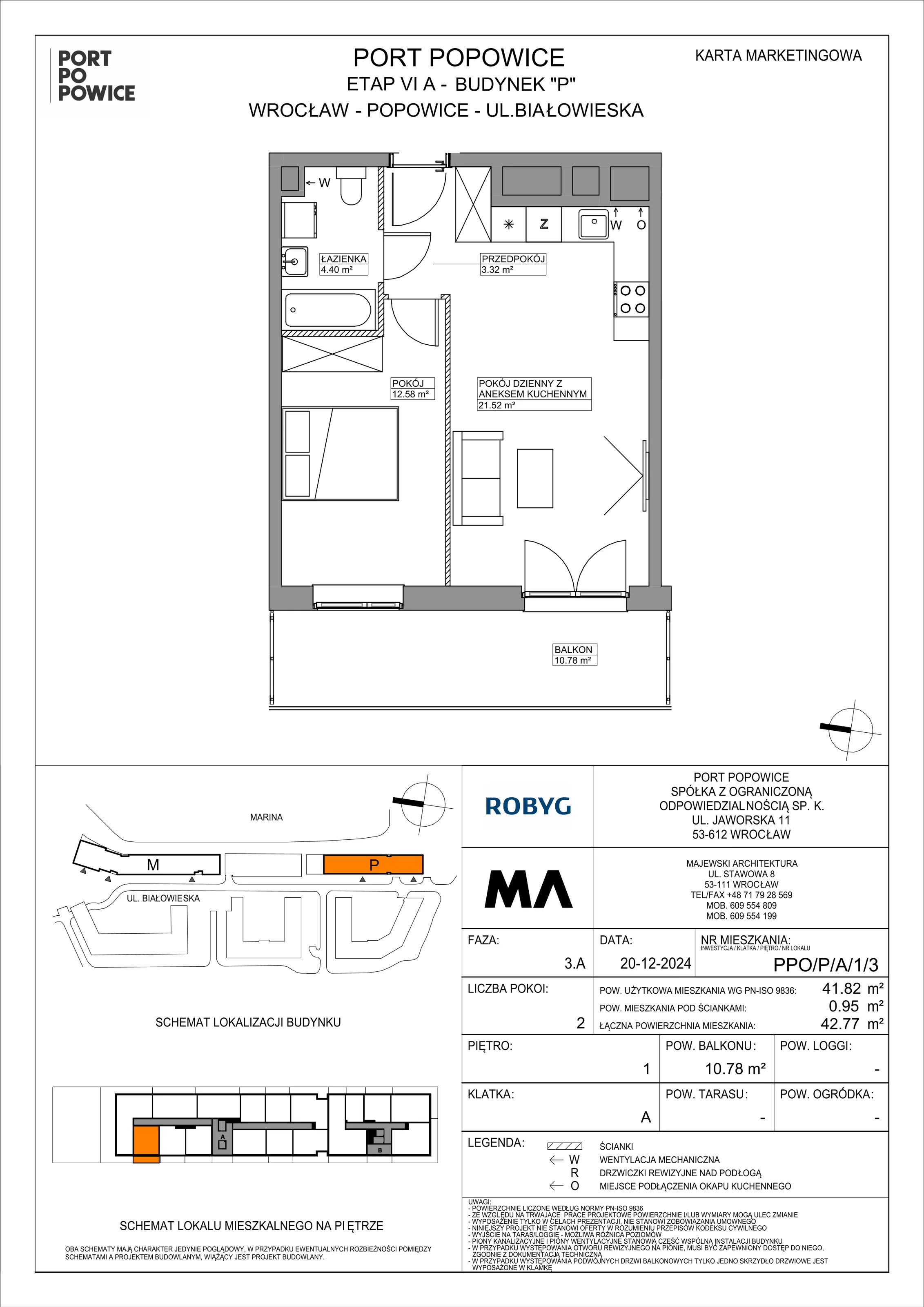 2 pokoje, mieszkanie 41,82 m², piętro 1, oferta nr PPO/P/A/1/3, Port Popowice IVa, Wrocław, Pilczyce-Kozanów-Popowice Północne, Popowice, ul. Białowieska