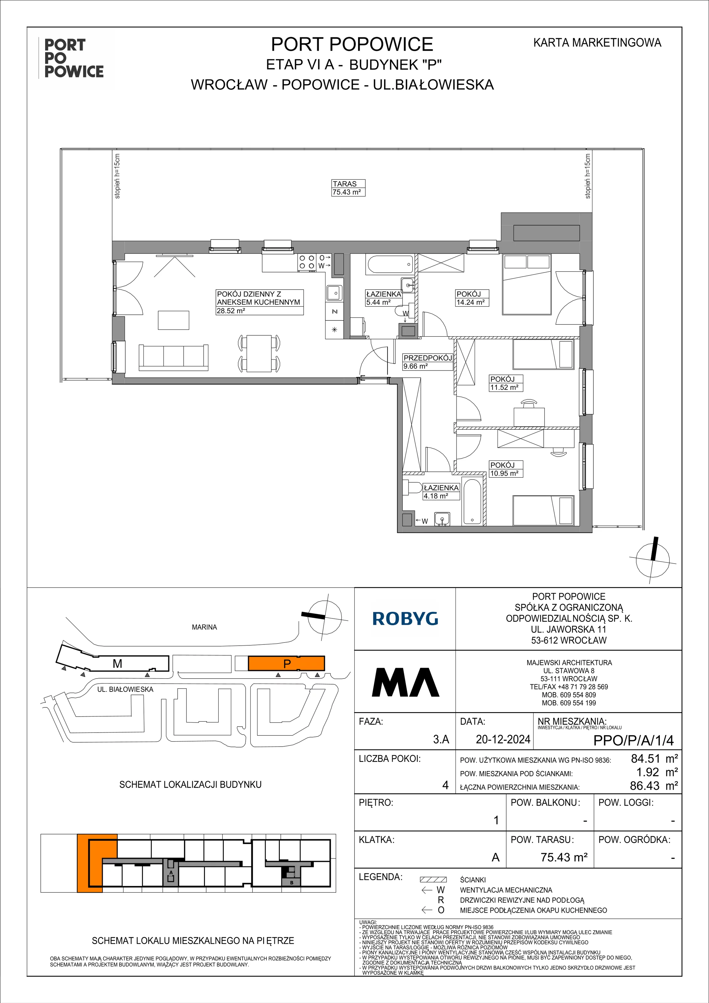 4 pokoje, mieszkanie 84,51 m², piętro 1, oferta nr PPO/P/A/1/4, Port Popowice IVa, Wrocław, Pilczyce-Kozanów-Popowice Północne, Popowice, ul. Białowieska