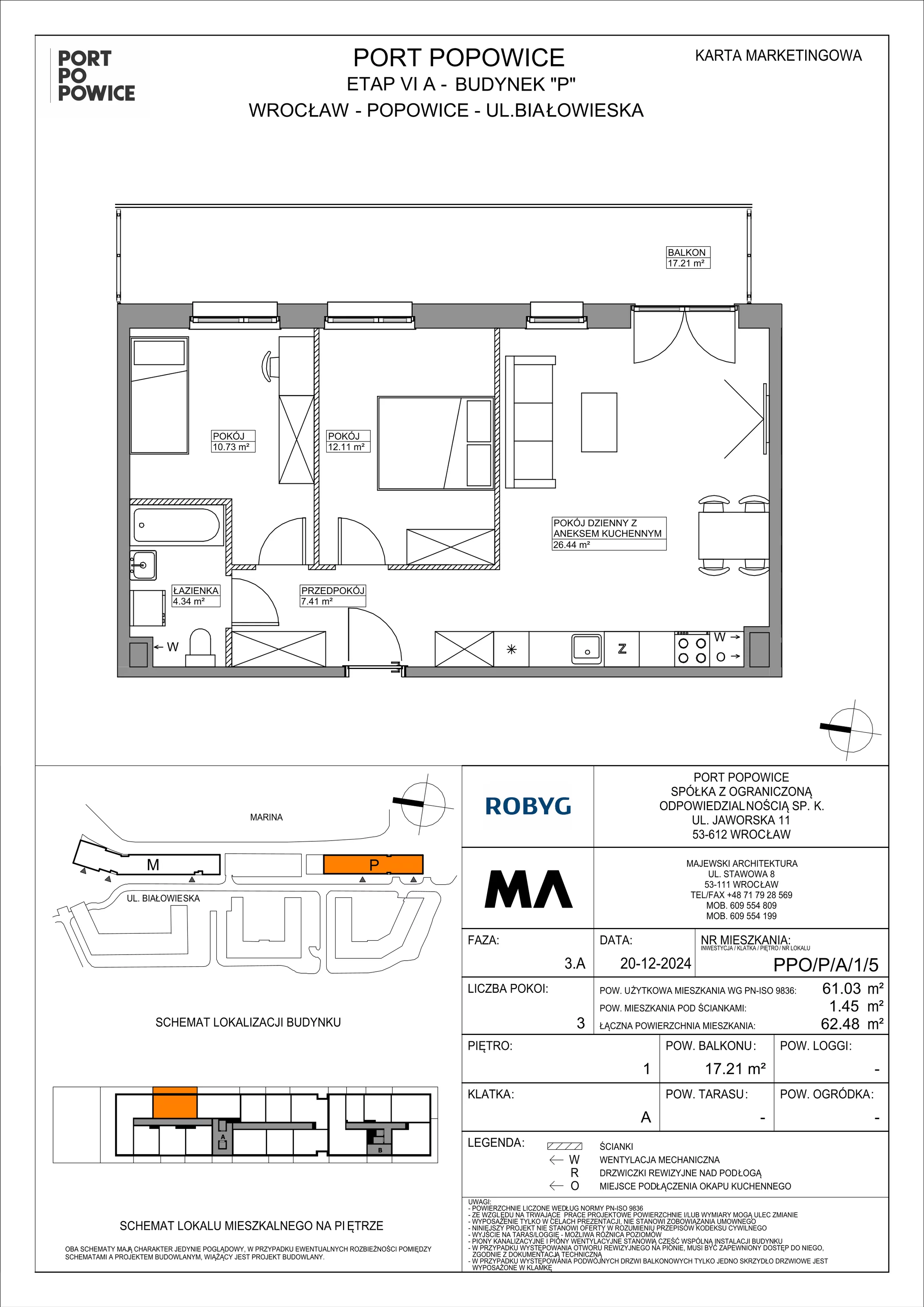 3 pokoje, mieszkanie 61,03 m², piętro 1, oferta nr PPO/P/A/1/5, Port Popowice IVa, Wrocław, Pilczyce-Kozanów-Popowice Północne, Popowice, ul. Białowieska