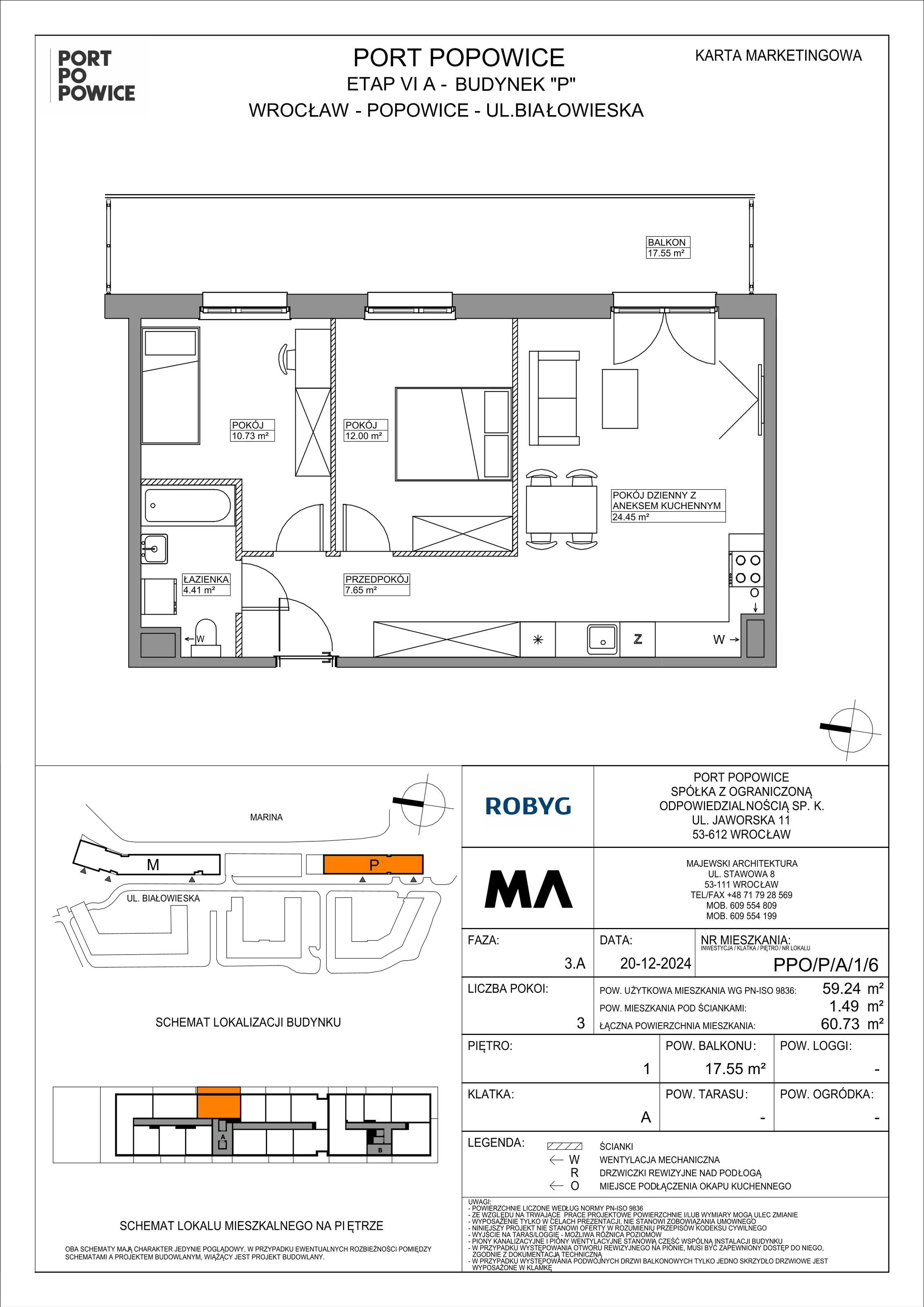 3 pokoje, mieszkanie 59,24 m², piętro 1, oferta nr PPO/P/A/1/6, Port Popowice IVa, Wrocław, Pilczyce-Kozanów-Popowice Północne, Popowice, ul. Białowieska