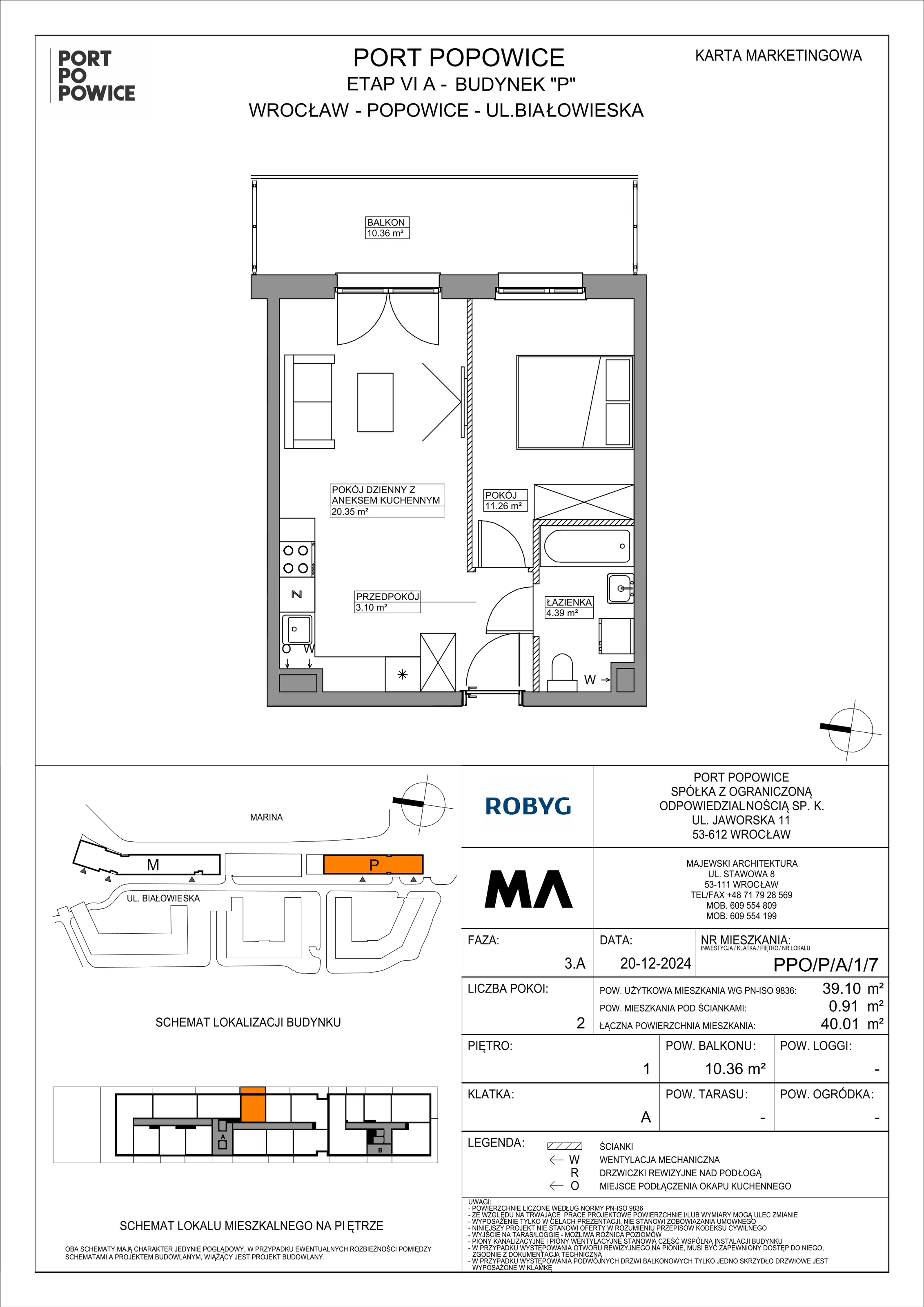 2 pokoje, mieszkanie 39,10 m², piętro 1, oferta nr PPO/P/A/1/7, Port Popowice IVa, Wrocław, Pilczyce-Kozanów-Popowice Północne, Popowice, ul. Białowieska