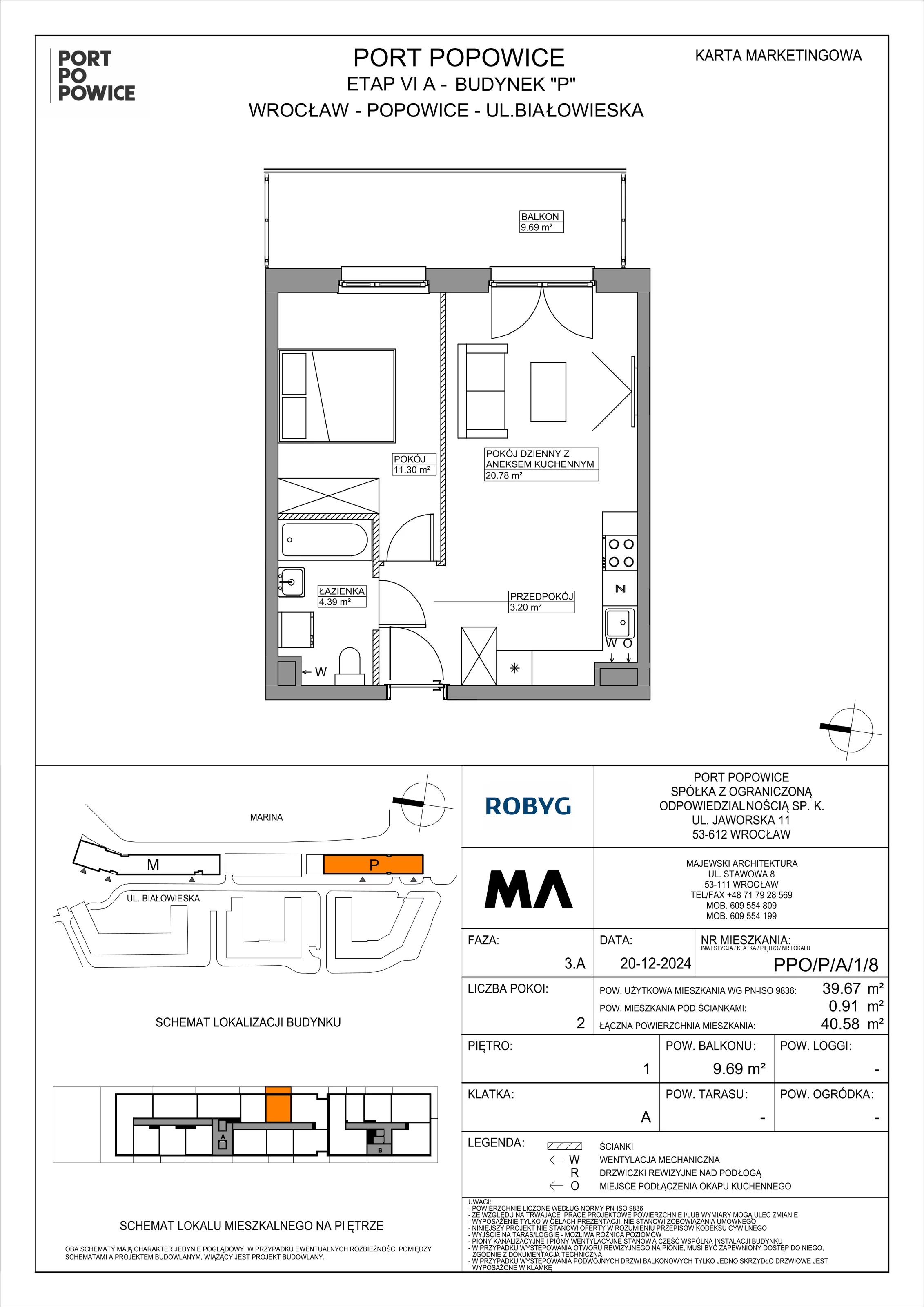 2 pokoje, mieszkanie 39,67 m², piętro 1, oferta nr PPO/P/A/1/8, Port Popowice IVa, Wrocław, Pilczyce-Kozanów-Popowice Północne, Popowice, ul. Białowieska