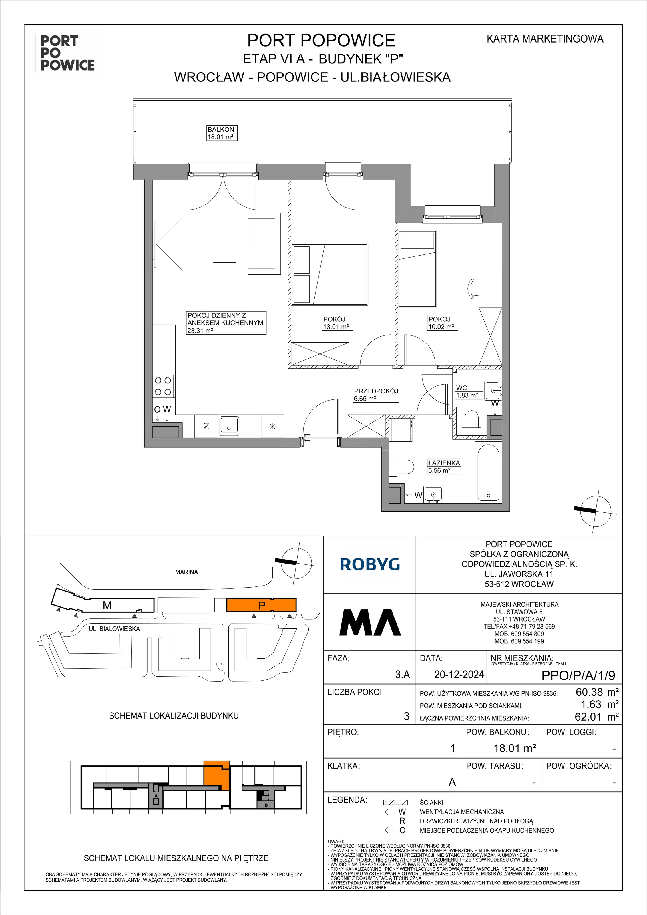 3 pokoje, mieszkanie 60,38 m², piętro 1, oferta nr PPO/P/A/1/9, Port Popowice IVa, Wrocław, Pilczyce-Kozanów-Popowice Północne, Popowice, ul. Białowieska