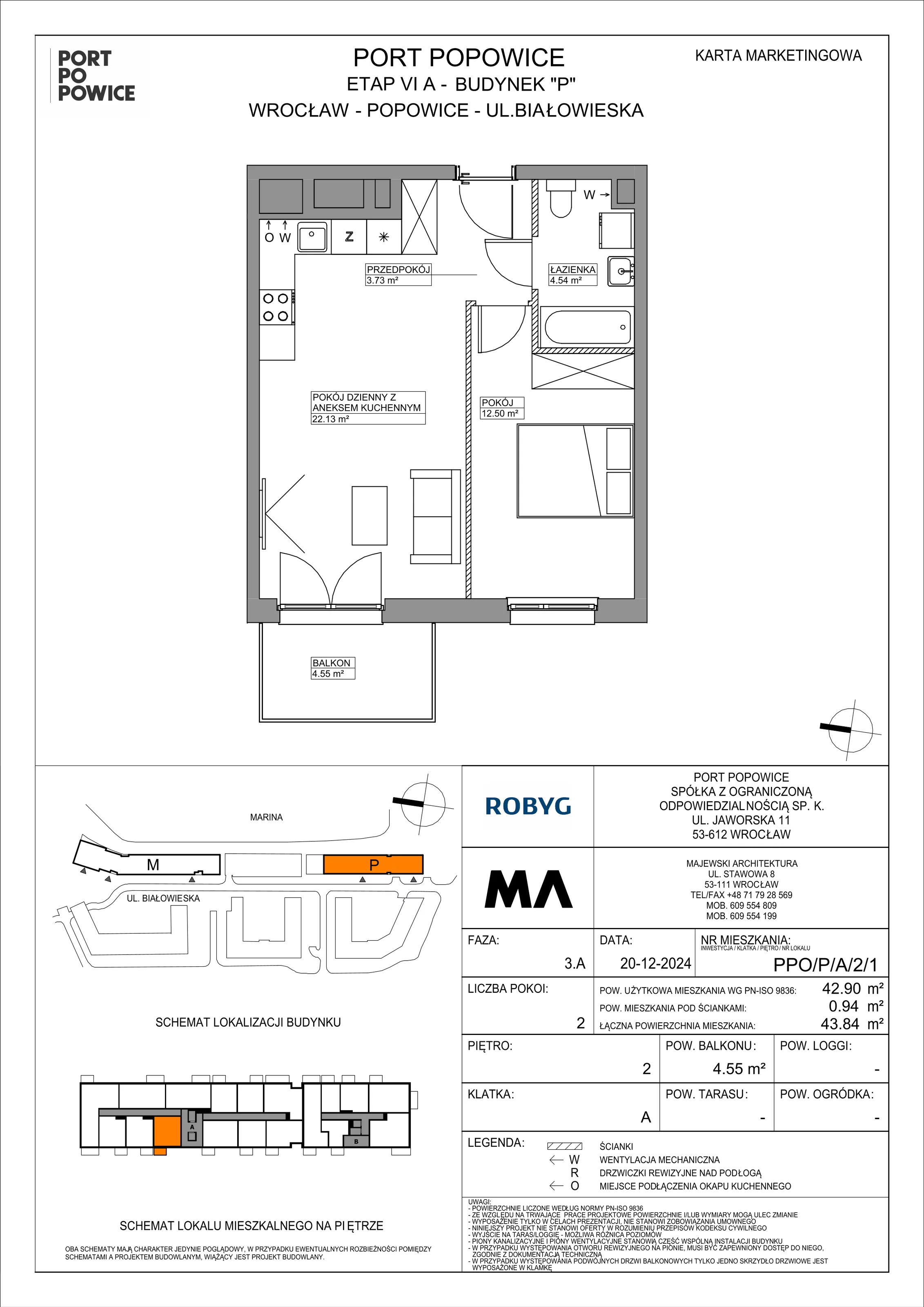 2 pokoje, mieszkanie 42,90 m², piętro 2, oferta nr PPO/P/A/2/1, Port Popowice IVa, Wrocław, Pilczyce-Kozanów-Popowice Północne, Popowice, ul. Białowieska